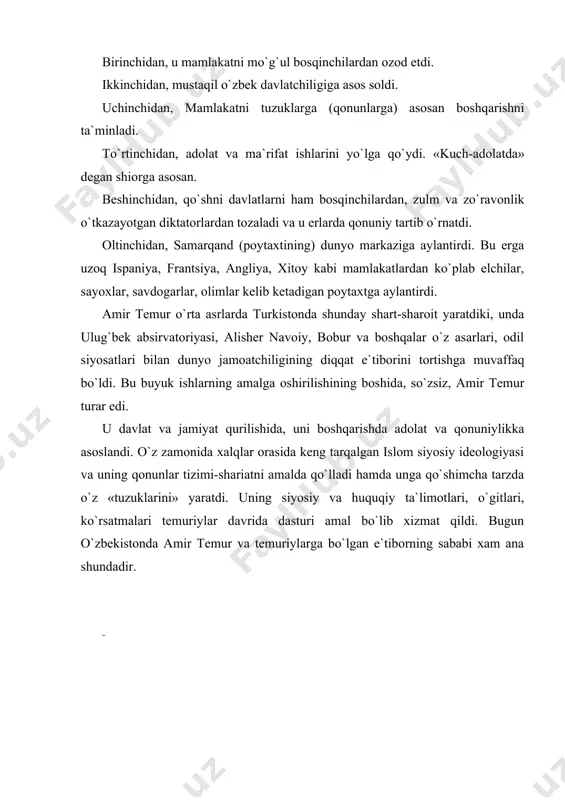 `tiradi. u hali juda yosh bo`lishiga qaramasdan, mamlakatni donolarcha boshqara boshlaydi. ma`lumki, o`sha davrda amir temur yaratgan saltanat tanazzulga yuz tutgan edi. bobur amir temur davlatini qayta tiklash maqsadida samarqandga uch bor yurish qiladi. dastlab 1495-1496 yillarda samarqandni ishg`ol qiladi, lekin ukasi jaxongir mirzo va tog`asi ali do`st andijonda fitna uyushtirgach, orqaga qaytadi. ikkinchi marotaba 1499-1500 yillarda samarqandga yurish kiladi, ammo shayboniyxondan engilib, toshkentga chekinadi. uning so`nggi marta 1504 yilda samarqandni eron shohi ismoil safaviy yordamida bosib olishi muvaffaqiyatsiz chiqadi. shundan keyin, bobur yuzaga kelgan ziddiyatli siyosiy shart-sharoit tufayli vatanini tashlab ketishga majbur bo`ladi va afg`oniston tomon yo`l oladi. bobur 1504 yilda qobulni egallab, u erda qaror topadi, afg`onistonda o`z hokimiyatini mustahkamlaydi va ijod bilan shug`ullanadi. u o`zga yurtda doimo vatanini qo`msab yashaydi. boburning vatanga qaytish orzusi amalga oshavermagach, hindistonni egallashga qaror qiladi va 1519-1525 yillarda hindistonga bir necha bor yurish qiladi. nihoyat, 1526 yilning aprel’ oyida panipat jangida sulton …