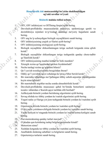 hamshiralik ishi mutaxassisligi bo‘yicha og‘zaki savollar to‘plami — DOCX