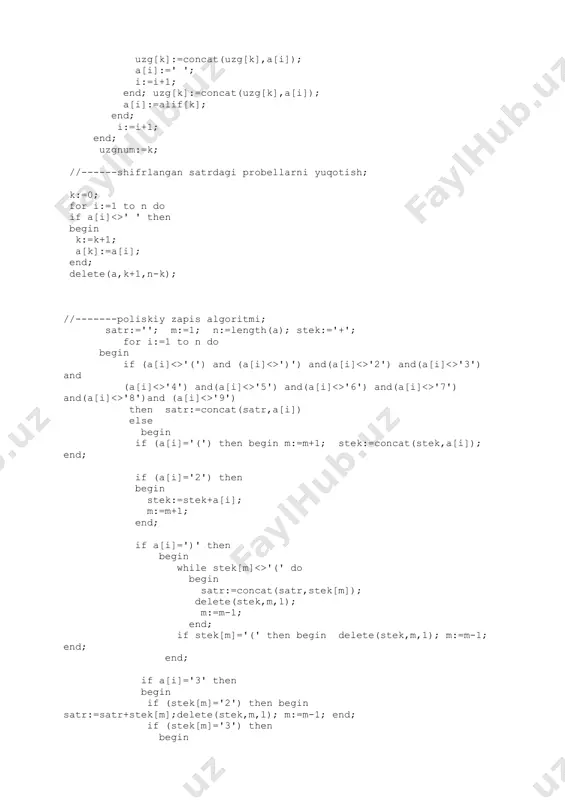 or (satr[i]='4') or (satr[i]='5') or (satr[i]='6') or (satr[i]='7') or (satr[i]='8')or (satr[i]='9') then begin num:=num+1; kk:=inttostr(num); k:=1; while k =1) and (bol) do if satr[i-1]=inttostr(numforst) then begin st:=inttostr(numforst); bol:=false; end else numforst:=numforst-1; numforst1:=num; if boll then while (numforst1>=1) and (boll) do if satr[i-2]=inttostr(numforst1) then begin st1:=inttostr(numforst1); boll:=false; end else numforst1:=numforst1-1; bol:=true; boll:=true; stringgrid1.cells[0,jj]:=kk+' = '+st1+s[strtoint(satr[i])]+st; tab1[num]:=st1; tab2[num]:=st; amal[num]:=satr[i]; jj:=jj+1; delete(satr,i-2,3); insert(inttostr(num),satr,i-2); st:=''; st1:=''; i:=i-1; n:=n-2; end else i:=i+1; end; //-----chinlik jadvalini tuzish for i:=1 to uzgnum-1 do for j:=i+1 to uzgnum do if uzg[i]=uzg[j] then uzg[j]:=' '; //bir xil uzgaruvchilarni yuqotish; j:=0; for i:=1 to uzgnum do if uzg[i]<>' ' then begin j:=j+1; stringgrid2.cells[j,0]:=uzg[i]; end; for i:=j+1 to j+num+1 do stringgrid2.cells[i,0]:=inttostr(i-j); n:= round(exp(j*ln(2))); stringgrid2.colcount:=j+num+1; //jadval ichini tuldirish j1:=0; for i:=1 to j do if (uzg[i]='[1]') or (uzg[i]='[0]') then j1:=j1+1; m:=j; j:=j-j1; n:= round(exp(j*ln(2))); stringgrid2.rowcount:=n+1; for i:=1 to n do stringgrid2.cells[0,i]:=inttostr(i); for i:=1 to m do begin k:=round(exp(j*ln(2))/(2*i)); k1:=0; ff:=true; if stringgrid2.cells[i,0]='[1]' …