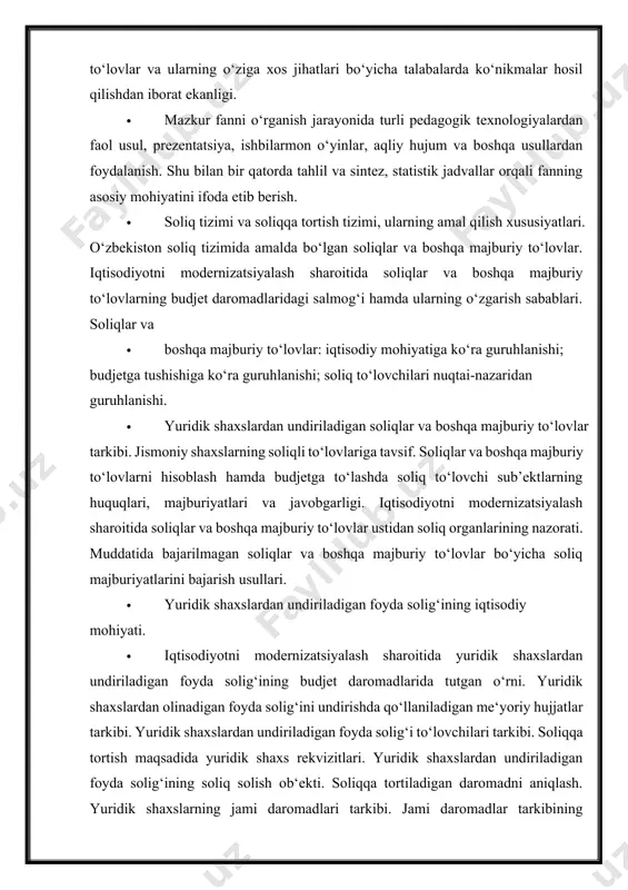 hisobdan chiqarishdan olingan daromadlar va hakazolar. · iqtisodiyotni modernizatsiyalash sharoitida o‘zaro aloqador yuridik shaxslarni soliqqa tortishda foydalariga o‘zgartirish kiritish tartibi. jami daromaddan chegirmalar. yuridik shaxslardan undiriladigan foyda solig‘i bo‘yicha imtiyozlar. yuridik shaxslardan undiriladigan foyda solig‘ini hisoblash va to‘lash muddatlari. yuridik shaxslardan undiriladigan foyda solig‘i bo‘yicha davlat soliq xizmati organlarining nazorati. · yagona soliq to‘lovi bo‘yicha hisob-kitoblarni topshirish muddatlari. yagona soliq to‘lovini buxgalteriya hisobida aks ettirish. · o‘zbekistonda qo‘shilgan qiymat solig‘i joriy qilinishining iqtisodiy sabablari · va ahamiyati. qo‘shilgan qiymat solig‘i to‘lovchilari tarkibi. qo‘shilgan qiymat solig‘ining soliq solish ob‘ekti. iqtisodiyotni modernizatsiyalash sharoitida soliq ob‘ektining tarkibi: tovarlar (ishlar, xizmatlar)ning sotilishi bo‘yicha aylanmalari; tovarlarning importi bo‘yicha aylanmalar. soliq solinadigan aylanma tarkibi: tovarning realizatsiyasi bo‘yicha aylanma; ishlarning realizatsiyasi bo‘yicha aylanma; xizmatlarning realizatsiyasi bo‘yicha aylanma. soliq solinadigan aylanmani aniqlash. soliq solinadigan aylanmani tuzatish. soliq solinadigan aylanma miqdoriga kiritilmaydigan aylanmalar. qo‘shilgan qiymat solig‘i stavkalari. · qo‘shilgan qiymat solig‘ini to‘lash va hisob-kitoblarni taqdim etish muddatlari. import qilinadigan …