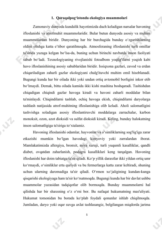 tiq umr ko‘rmaydi, o‘simliklar erta quriydi va bu fermerlarga katta zarar keltiradi, shuning uchun ularning daromadiga ta'sir qiladi. o‘rmon xo‘jaligining kundan-kunga qisqarishi ekologiyaga ham ta'sir ko‘rsatmoqda. bugungi kunda har bir davlat ushbu muammolar yuzasidan tadqiqotlar olib bormoqda. bunday muammolarni hal qilishda har bir shaxsning o‘z o‘rni bor. bu nafaqat hukumatning mas'uliyati. hukumat tomonidan bu borada ko‘plab foydali qonunlar ishlab chiqilmoqda. jumladan, daryo yoki oqar suvga axlat tashlasangiz, belgilangan miqdorda jarima solinadi. bundan tashqari, avtomashinalarning ko‘pligi sababli, har bir avtomobil uchun cheklangan miqdordagi moy tizimi ishlab chiqilmoqda va joriy etilmoqda. bu transportlar gazni to‘xtovsiz chiqarishi mumkin degani emas, neft tugagandan so‘ng u to‘xtaydi va shu bilan birga zaharli gazning chiqishi bir muddat to‘xtaydi. bundan tashqari, biz velosiped va piyoda yurishni ko‘paytirishimiz kerak. aytishlaricha, biz sog'lom hayotga birinchi qadamni qo‘yamiz. boshqa tomondan, transportdan foydalanish sezilarli darajada kamayadi. buning uchun biz piyodalar, velosiped yo‘llari va yer osti yo‘laklarini qurishimiz kerak. bu barcha tomonlarni …