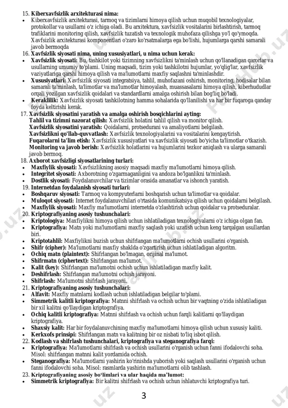 um qilib, ularni bartaraf etish uchun qo'llaniladi. shuningdek, tizimni amalga oshirilgan hujumlar qarshi sinash uchun kiberjinoyatning mohiyati ko'rinadi.  2 7. kiberetika va intelektual mulk huquqlari:  kiberetika: bu so'z, "kiber" (kompyuter) va "etika" (axloq) so'zlarining birligidan kelgan bo'lib, kompyuterlarni va kompyuter tarmoqlarini qo'llab-quvvatlash, ularning haqiqiyligini muhofaza qilish, axloqni va jamoatni himoya qilish bilan bog'liq etik masalalarni o'z ichiga oladi. misollar: kiberjahon, kiberhujumlar va kiberaxloqiyot.  intelektual mulk huquqlari: bu, intellektual faoliyat natijasida paydo bo'lgan va insonning fikr-mulohazalarini muhofaza qilishga oid huquqlarni anglatadi. misollar: musiqa, san'at, dasturlash kodlari, patentyozlanadigan innovatsiyalar va boshqalar. 8. kiberqonunlar:  xalqaro kiberqonunlar: ularni xorijiy hujumlar, maxfiylikni buzish, saqlash, tarmoq xavfsizligi va boshqa kiber xavfsizlik bo'yicha jazolar va ta'limotlar belgilaydi. misol: budapest xalqaro kiberjinoiyatini ta'limotlari.  milliy kiberqonunlar: davlatning kiberxavfsizlikni ta'minlash uchun qo'lladigan kiberqonunlar. misol: aqsh kiberxavfsizlik siyosati. 9. kiberxavfsizlikda inson omilini muhimligi:  inson omili kiberxavfsizlikda juda muhim ahamiyatga ega, chunki ko'plab xavfsizlik muammolari inson …
