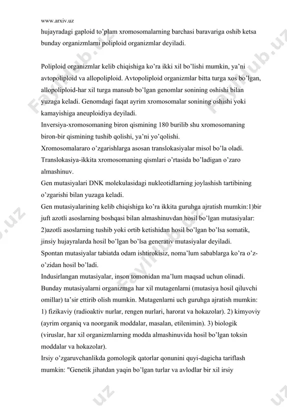 ar bir xil irsiy o’zgaruvchanlik qatoriga egadirlar, shu tufayli bir tur ichidagi har xil shakllarni bilgan holda shu turga yaqin bo’lgan boshqa tur va avlodlar ichida ham xuddi shunday shakllarning bo’lishligini oldindan aytish mumkin". masalan, bug’doy, arpa, suli genetik jihatdan bir-biriga yaqin bo’lib, bug’doydagi o’zgarishlar (mutasiyalar) arpa va sulida ham kuzatiladi. gomologik qatorlar qonuni tur va avlodlargagina emas, hatto sinflarga ham taaluqlidir. irsiy o’zgaruvchanlikda gomologik qatorlar qonunidan irsiy kasalliklarni o’rganishda keng foydalaniladi. odamlarda uchraydigan irsiy kasalliklarni davolash va ularning oldini olish masalalarini hayvonlarda uchraydigan xuddi shunday irsiy kasalliklarni o’rganmasdan hal qilish qiyin. fenotipik o’zgaruvchanlikda genotip o’zgarmasdan tashqi muhit ta’sirida fenotipda o’zgarish sodir bo’ladi. bitta genotipning har xil fenotipini yuzaga chiqarish xususiyati shu genotipning ta’sirchanlik (reaksiya) normasi deyiladi. tashqi sharoitning o’zgarish organizmning turli belgilariga bir xil ta’sir ko’rsatmaydi. masalan, yaxshi boqish va parvarish qilish bilan qoramolning suti ortib boradi. sutning yog’liligi parvarish qilish sharoitiga sutga nisbatan kamroq bog’liq. biroq qoramol yungining …