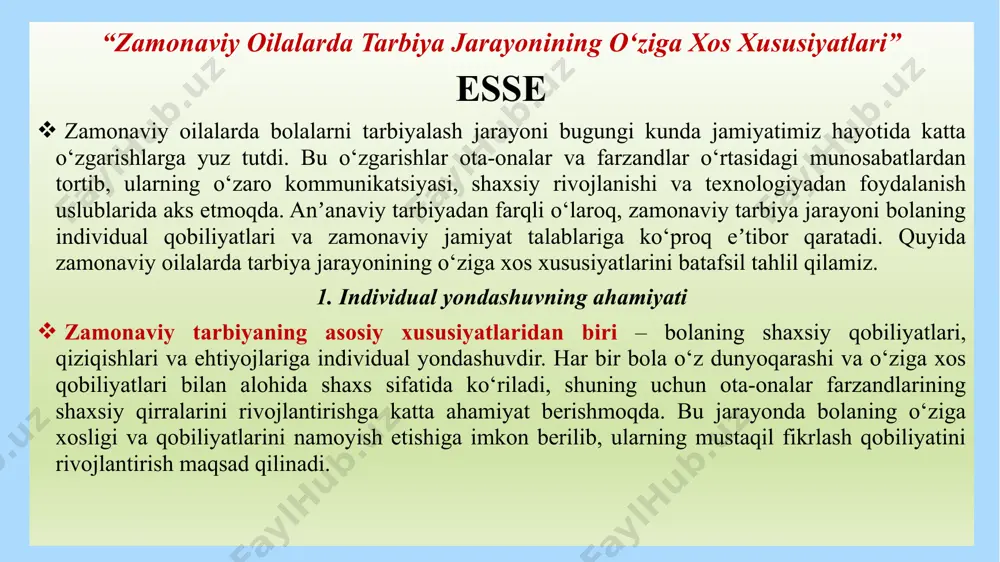 rni o‘rgatishadi. bu esa bolalarning dunyoqarashini kengaytiradi va ularning jamiyatdagi har xil vaziyatlarga moslashuvchanligini oshiradi. zamonaviy oilalarda tarbiya jarayoni ko'proq ochiq muloqot va bolalar shaxsini rivojlantirishga yo'naltirilgan. bu jarayonda ota-onalar bolalarga avvalgi anʼanaviy metodlardan farqli oʻlaroq, individual rivojlanishga ko'proq e'tibor beradilar. zamonaviy oilalarda tarbiya jarayoni bolaning shaxsiy qobiliyatlari va zamonaviy jamiyat talablariga asoslangan holda shakllanmoqda. bu jarayonda individual yondashuv, texnologiyalardan foydalanish, ijtimoiy ko‘nikmalarni rivojlantirish, emotsional intelekt, o‘qish va tanqidiy fikrlash qobiliyatlarini rivojlantirish kabi elementlar katta ahamiyat kasb etadi. oʻzbek oilasidagi urf-odatlar va marosimlarning ahamiyati reja : 1.oʻzbek oilasidagi urf-odatlar. oʻzbek oilasining o'ziga xosligi. oila tuzilishi va rollari. oʻzbek oilasidagi erkak va ayolning roli 2. oʻzbek urf-odatlari. nikoh. 3. marosimlar va ularning ahamiyati. oʻzbek marosimlarining turlari o'zbek oilasidagi urf-odatlar va an'analar xalqning madaniyati, tarixi va hayot tarzini aks ettiradi. quyida o'zbek oilasidagi asosiy urf-odatlar keltirilgan: 1. nikoh va to'y marosimlari nikoh marosimlari: nikohda qiz va o'g'il taraflar o'rtasida kelishuv amalga oshiriladi. …