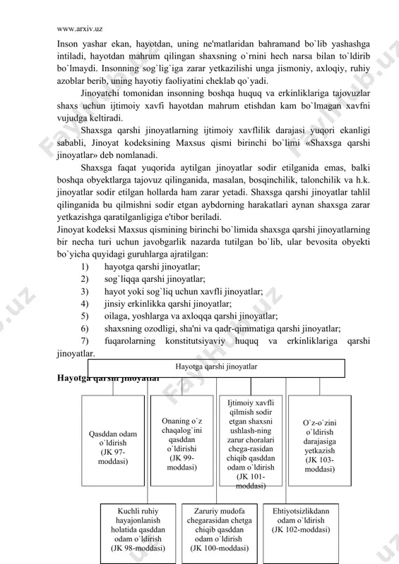 atlar sodir etilgan hollarda ham zarar yetadi. shaxsga qarshi jinoyatlar tahlil qilinganida bu qilmishni sodir etgan aybdorning harakatlari aynan shaxsga zarar yetkazishga qaratilganligiga e'tibor beriladi. jinoyat kodeksi maxsus qismining birinchi bo`limida shaxsga qarshi jinoyatlarning bir necha turi uchun javobgarlik nazarda tutilgan bo`lib, ular bevosita obyekti bo`yicha quyidagi guruhlarga ajratilgan: 1) hayotga qarshi jinoyatlar; 2) sog`liqqa qarshi jinoyatlar; 3) hayot yoki sog`liq uchun xavfli jinoyatlar; 4) jinsiy erkinlikka qarshi jinoyatlar; 5) oilaga, yoshlarga va axloqqa qarshi jinoyatlar; 6) shaxsning ozodligi, sha'ni va qadr-qimmatiga qarshi jinoyatlar; 7) fuqarolarning konstitutsiyaviy huquq va erkinliklariga qarshi jinoyatlar. hayotga qarshi jinoyatlar nota bene! odam o`ldirish jinoyatining tushunchasi, tahlili va turlari hayotga qarshi jinoyatlarni shartli ravishda 2 turkumga bo`lish mumkin: 1) odam o`ldirish; 2) o`zini o`zi o`ldirish darajasiga yetkazish. odam o`ldirish qasddan, huquqqa xilof ravishda yoki ehtiyotsizdan boshqa kishini hayotdan mahrum qilishdir. odam o`ldirishning obyekti boshqa kishining hayoti hisoblanadi. yoshi, sog`lig`i, yashash qobiliyatidan qat'i nazar har qanday …