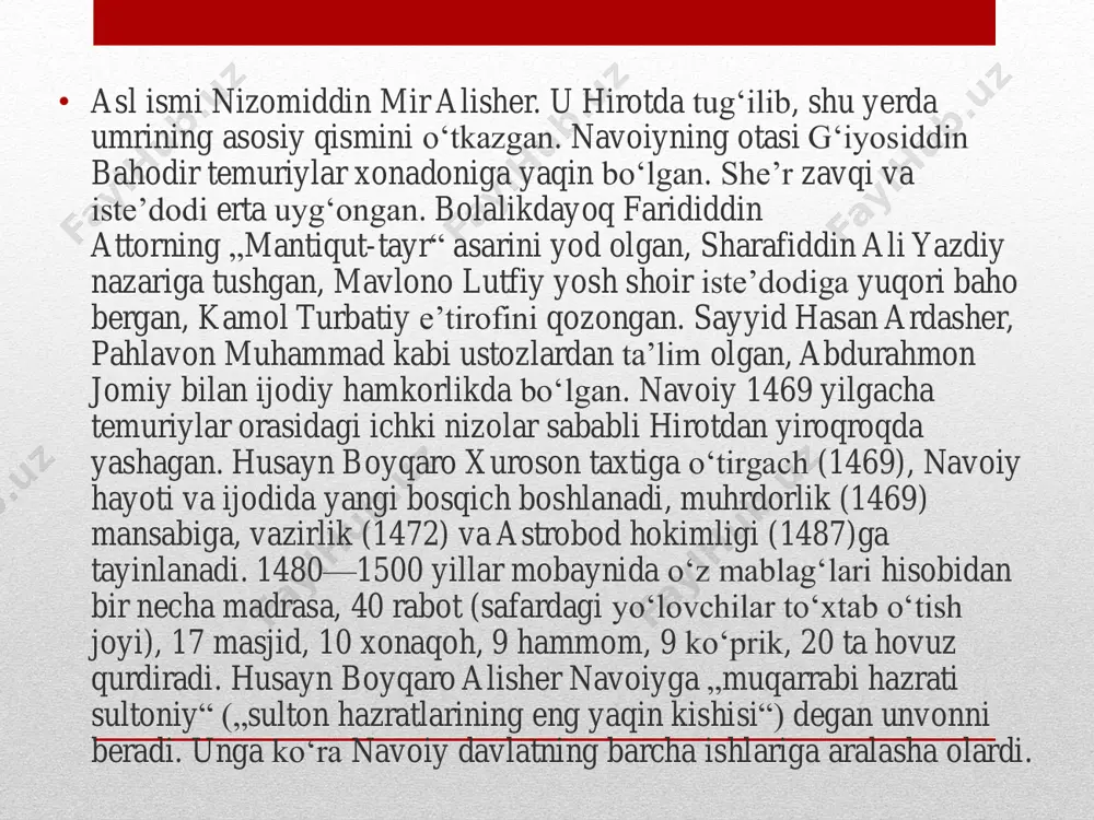 yashamoqqa yetmaydi bardosh, termulaman ko‗kka — keng g‗amga. ko‗ngilchan qiz — hayot qo‗yar bosh qirqqa kirgan horg‗in yelkamga xuddi osiy yulduzday uchib, ruh yur pastga enmoqda... charchaganman. yetmaydi kuchim, "ko‗p og‗irsan, hayot", demoqqa. • turkiy tilni qayta tiriltirgani navoiyning ma‘naviyatimiz uchun ulkan jasorati bo‗lgan. zahiriddin muhammad bobur «turkiy til bila to she‘r aytibdurlar, hech kim oncha ko‗p va xo‗b aytqon emas», — deb yozsa, husayn boyqaro «mir alisher turk tilining o‗lik jasadig‗a masih nafasi ila jon ato etdi» deb ta‘kidlagan. alisher navoiy o‗n besh-o‗n olti yoshlarida ham turkiy, ham forsiyda ijod qiladigan ―ikki tilli‖ shoir sifatida tanilgan. alisher navoiy o‗smirlik yillarida o‗zi sevgan shoirlarning 50 ming baytdan ortiq she‘rlarini yod bilgan. alisher navoiy turkiy tilda yozgan she‘rlariga navoiy, forsiy tildagi she‘rlariga foniy deb taxallus qo‗yadi.shoirning forsiy she‘rlar to‗plami ―devoni foniy‖ deb nomlangan. navoiyning sevgilisi sifatida tasvirlanadigan ―guli‖ ismi faqat xalq og‗zaki ijodida, navoiy haqidagi rivoyat va afsonalarda uchraydi xolos. guli …