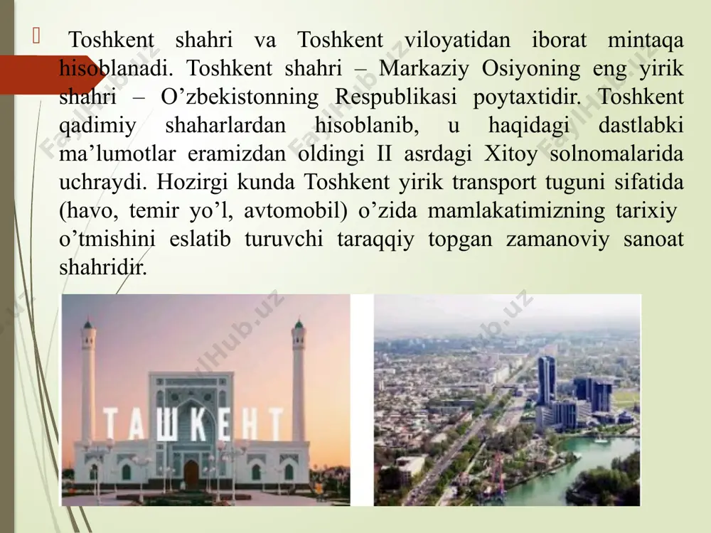 adi. alisher navoiyi nomidagi o’zbekiston milliy kutubxonasi toshkent “ma’rifat markazi”me’moray majmuasida mamlaktdagi eng kata qo’lyozma va bosma nashrlar saqlanadigan alisher navoiy nomidagi o’zbekiston milliy kutubxonasi joylashgan.kutubxona fondida o’zbek tilidagi asarlarning dunyodagi eng kata to’plami mavjud.rus olimi bibliograf v.i.mejov kutubxonaning birinchi nashrlarini to’plashga jalb qilingan. hazrati imom majmuasi toshkentning diniy yodgorliklaridan biri bu aholi orasida xast-imom nomi bilan mashhur.maydon eski shaharning orqasida joylashgan bo’lib,u1966-yildagi kuchli zilziladan omon qolgan. bu yerda tashrif buyuruvchilar uchun kutubxona ochilgan bo’lib,u yerda sharq adabiyotiga oid ko’plab qo’lyozmalar to’plangan.ular orasida qur’oni ham bor.ushbu qadimiy muqaddas kitob anchayin kata bo’lib,353ta pergament varaqlari o’z ichiga oladi. muqimiy nomidagi o’zbek davlat musiqali drama teatri-o’zbekiston yirik teatrlaridan biri. anhor lokomotiv parki “anhor lokomotiv” istirohat bog’i- bu bolalik olamiga safar qilish uchun ajoyib imkoniyat.12ming kvadrat metrdan oshiq maydonni egallagan karting joylardan biridir.bu yerda ekstremal joylar mavjud.eng yosh tashrif buyuruvchilar uchun mimi-karusellar,batut markazlarida miriqib hordiq chiqarishadi.park markazida “anhor yulduzi”deb nomlangan charxpalakda shahar go’zalligini …