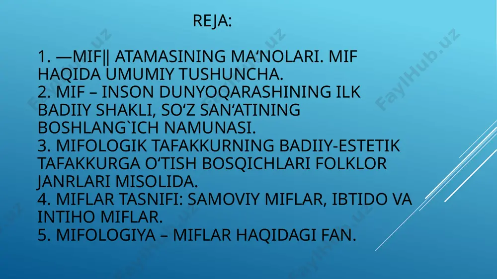 syujetlar aks ettirilgan. mif grekcha “myfhos”-so’z, rivoyat so’zidan olingan bo’lib, dunyoning paydo bo’lishi, tabiat hodisalari, xudolar, afsonaviy pahlavonlar; goh inson, goh jonzod qiyofasidagi zulmkor dushmanlar haqidagi to’qima afsonalardir. mifologiya - miflarni o’rganuvchi fan bo’lib, u ibtidoiy insonning tabiat sirlarini bilishga intilishi tufayli vujudga kelgan. insonning tabiat stixiyalariga qarshi kurashdagi ojizligi (bo’ron, sel, zilzila, dovul...) tufayli ularga qarshi kurasha oluvchi ғayritabiiy obrazlar yaratishga eҳtiyoj tugilgan. natijada yaxshilik va yomonlik haqidagi mifologik tasavvurlar paydo bo’lgan. olam haqidagi bunday ibtidoiy miflar ta‘sirida osmon, oy, quyosh va turli hayvonlar, xudolar, g’ayritabiiy pahlavonlar haqidagi miflar vujudga keldi. hayvonlar va tabiat stixiyalariga qarshi kurashga qaratilgan (so’z kuchi, afsun “avrash” vositasida ularga ta‘sir etish tufayli, yovuz kuchlarga teng keladigan qurol inson ixtiyorida bo’lmagan bir paytda) miflar yaratildi. ko’rinib turibdiki, miflar insonga osoyishta yashash, yovuz kuchlarni yengishga ko’maklashuvchi orzular ifodasidir. mif – insoniyat ma‘naviy taraqqiyotining ilk bosqichiga xos so‘z san‘atining boshlang`ich namunasi. u behad qadimiy so‘z san‘ati bo‘lib, …