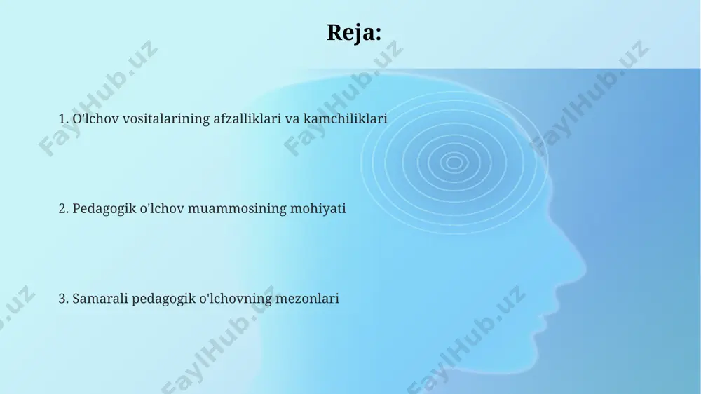 hni ta'minlaydi, biroq chuqur tushunish va murakkab muammolarni hal qilish qobiliyatini o'lchay olmaydi. sinovlar, masalan, 5 ball shkalasi bo'yicha baholash orqali ob'ektiv baholash imkonini beradi, ammo shuni ham inobatga olish kerakki, 200 talabadan iborat guruhda individual farqlarni to'liq aks ettirmaydi. o'quvchilarning individual farqlarini hisobga olish samarqand viloyatida o'tkazilgan eksperimentda 100 nafar o'quvchiga 3 xil o'quv uslubi qo'llanilib, natijalar individual farqlarni hisobga olishning ahamiyatini 25% ga oshirganini ko'rsatdi. farg'ona shahridagi maktabda o'quvchilarning 70% i individual o'rganish rejalari tuzish orqali o'zlarining o'qish tezligi va samaradorligini 15-20% ga oshirishgan. 2000-yilda o'tkazilgan tadqiqotlar shuni ko'rsatdiki, toshkentdagi 5-sinf o'quvchilarining 30% matematikada individual farqlarga ega bo'lib, standart testlar ularning haqiqiy bilim darajasini aniqlay olmaydi. pedagogik o'lchovning rivojlanish istiqbollari evropa ittifoqi mamlakatlarida 2024 yildan boshlab, kompetensiyaga asoslangan pedagogik o'lchov tizimlariga o'tish jarayoni boshlanadi, bu esa 10 dan ortiq yangi baholash metodikasi paydo bo'lishiga olib keladi. o'zbekistonda 2030 yilgacha pedagogik testlarni ishlab chiqishda psixometrik ko'rsatkichlarni 50% ga oshirish …