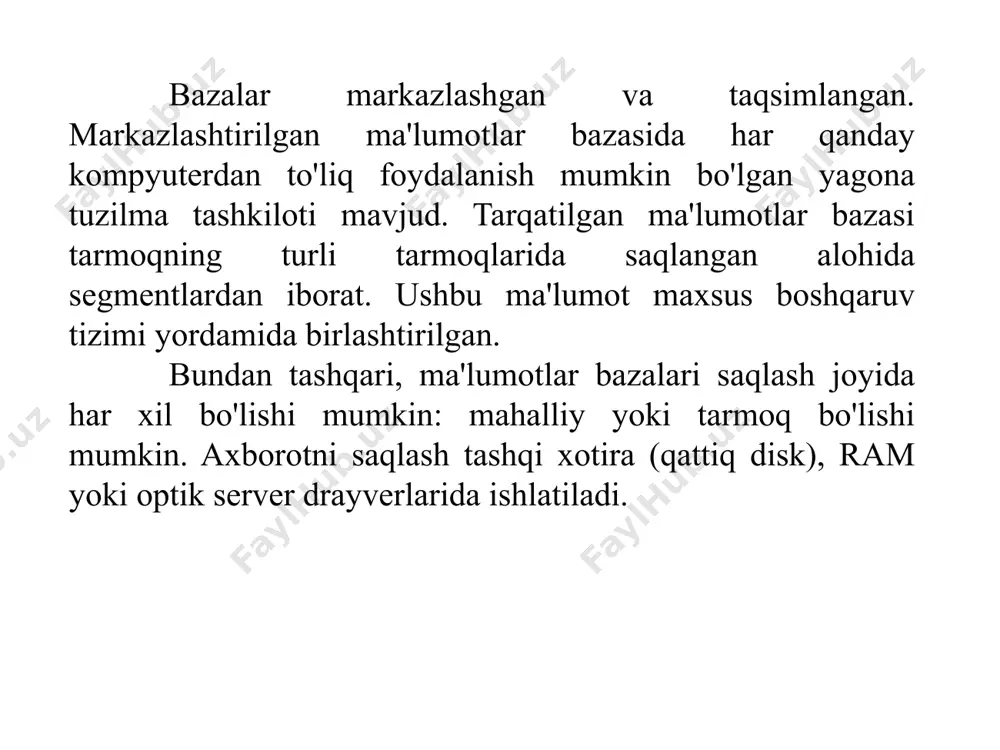 ajmi kabilar kiradi. ma’lumotlar modeli kuyidagi tarkibiy kismdan iborat: 1.foydalanuvchining ma’lumotlar bazasiga munosabatini namoyish etishga muljallangan ma’lumotlar tuzilmasi. 2.ma’lumotlar tuzilishida bajarilish mumkin bo‘lgan operatsiyalar. ular ko‘rib chiqilayotgan ma’lumotlar modeli uchun ma’lumotlar tilining asosini tashkil etadi. yaxshi ma’lumotlar tuzilmasining uzigina etarli emas. ma’lumotlarni aniklash tili (mat) va ma’lumotlar bilan amallar bajarish tilining (mabt) turli operatsiyalari yordamida bu tuzilma bilan ishlash imkoniga ega bulish zarur. 3.yaxlitlikni nazorat qilish uchun cheklashlar. ma’lumotlar modeli uning yaxlitligini saqlash va himoya qilishga imkon beruvchi vositalar bilan ta’minlangan bo‘lishi lozim. ma’lumotlarning relyasion modeli. relyasion mb kuchli nazariy fundamentga ega bo‘lib, u matematik munosabatlar (otnosheniya) nazariyasiga asoslangan. ma’lumotlarning relyasion modeli konsepsiyasi 1970 yilda e.f.kodd tomonidan taklif qilingan bo‘lib, u ma’lumotlarni tavsiflash va tasvirlashning amaliy dasturlaridan bog‘liq bo‘lmasligini ta’minlash masalasini hal qilish uchun xizmat qiladi. ma’lumotlarning relyasion modeli asosida «munosabat» tushunchasi yotib, u inglizcha relation so‘zidan olingan. ba’zi bir qoidalarga amal qilgan holda munosabatlarni ikki o‘lchovli jadval ko‘rinishda tasvirlash …
