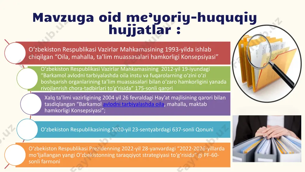 nf rahbarlarini tanishtirish kabi ishlar olib borilishi lozim maktabning vazifalari: muammo yuzasidan xorijiy tajribalarning o‘rganilganligi finlyandiya maktablarida ota-onalarning ishtiroki juda katta ahamiyatga ega. fin modeli ota-onalar va o‘quvchilar o‘rtasidagi hamkorlikni oshirishga asoslangan. ota-onalar o‘quvchilarning ta’lim va tarbiyasi ustida o‘zlarining ishtirokini ko‘rsatishda muhim rol o‘ynaydilar. bu modelda ota-onalar mashhur "kunlik bir so‘z" (one daily word) darslariga qatnashib, o‘quvchilarning ta’lim jarayonini o‘zlashtirishlariga yordam berishadi. ularning ishtiroki, o‘quvchilarning o‘zlarini rivojlantirish va o‘qituvchilar bilan o‘zaro aloqalarini kuchaytirishga yordam beradi. bundan tashqari, ota-onalar maktab ishlariga qatnashish va o‘quvchilarning ta’limiy muhitini o‘rganish va yaxshilashga yordam berishadi finlyandiya : kanada: kanadada ota-onalar maktablarda o‘quvchilarning ta’lim va tarbiyasiga qo‘llab-quvvatlash uchun bir nechta vazifalarni bajarishadi. ular quyidagilar: a) o‘quvchilar bilan ishtirok etish b) o‘quvchilarning ma’naviy va jismoniy rivojlanishini ta’minlash d) o‘quvchilar va o‘qituvchilar orasidagi aloqalarni kuchaytirish yaponiya: yaponiyada ota-onalar, "ko-yo-kai" deb ataladigan o‘quvchilar ota-onalar assotsiatsiyasiga a’zo bo‘lishadi. bu assotsiatsiya ota-onalar va maktablar o‘rtasidagi hamkorlikni ko‘rib chiqish va ta’minlash maqsadida …