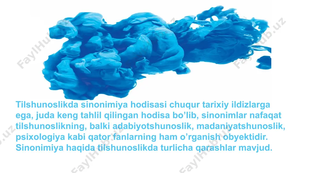 quyidagi ko`rinishlarga ega: 1) leksik sinomiya, yani so`zlar ma’nodoshligi: ish, yumush; gapirmoq, so`zlamoq; 2) iboralar ma’nodoshligi: boshi osmonga yetdi? terisiga sig`madi; 3) affiksal, ya’ni grammatik shakllar ma’nodoshligi -yap, -yotir; 4) sintaktik sinonimiya: ona bolasiga qayg`uradi, ona bolam deb qayg`uradi. sinonimik qatordagi so`zlar quyidagi hodisalar nuqtai nazaridan o`zaro farqlanadilar: quyidagicha munosabatda bo`lgan so`zlar o`zaro sinonim sanalmaydi: 1) emotsional-ekspressiv bo`yoq nuqtai nazaridan: neytral yoki emotsionalekspressiv bo`yokdor so`zlar bo`ladi: yuz-neytral, bashara-bo`yoqli. 2) qo`llanish uslubiga ko`ra: inson, bashar sinonimik qatoridagi bashar-poetik uslubga xos. 3) adabiy tilga munosabatiga ko`ra: adabiy yoki dialektal: qidirmoq-adabiy, istamoqdialektal. 1.keng tushunchani anglatuvchi so`z bilan tor tushunchani anglatuvchi so`z; uy va xona, o`tov va chayla. 2.tur va jins tushunchasini anglatuvchi so`zlar: daraxt (jins), olma (tur), ot (jins), duldul (tur) 3.turli sotsial davrga xos tushunchalarni anglatuvchi so`zlar: sudya, qozi, mirshab, militsiya. sinonimlar badiiy nutqda tasvirlash vositasi bo`lib xizmat qiladi. yozuvchilar sinonimlar vositasida kishilar xarakterini, voqea-hodisalarni, manzaralarni aniq va ravshan, jozibali qilib tasvirlaydilar. …