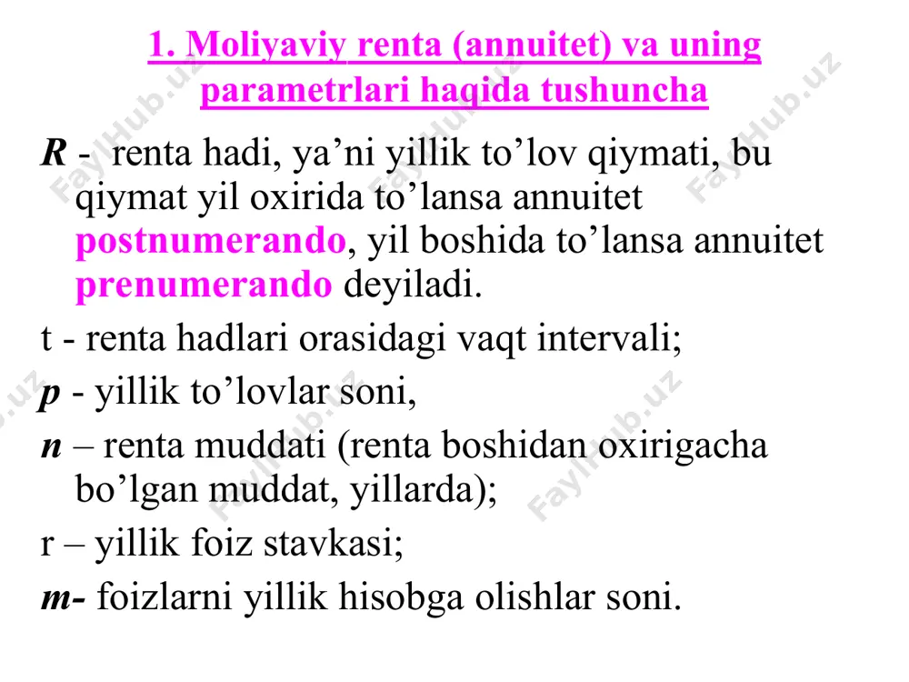 onchli rentalar so’zsiz to’lanadigan, ya’ni hech qanday shartlarga, sharoitlarga bog’liq bo’lmaydi, masalan kreditni so’ndirish; - shartli rentalar: ya’ni qandaydir tasodifiy, favqulotda hodisa ro’y berishiga bog’liq bo’ladi. 6. rentalar to’lovni to’lash usuliga qarab ham farqlanishi mumkin: - oddiy renta, amaliyotda ko’p uchraydi – bu rentada har bir davrning oxirida to’lov to’lanadi postnumerando); to’lovlar renta davrining boshida to’lanadigan rentalar prenumerando deyiladi. moliyaviy oqimlarning umumlashgan xarakteristkalari quyidgilardan iborat: oshgan qiymat. to’lov oqimining hozirgi qiymati. annuitet (lotincha - “yillik tushum”). postnumerando – to’lov turi, bunda to’lovlar renta muddati oxirida to’lanadi. prenumerando – to’lov turi, bunda to’lovlar renta muddati boshida to’lanadi. 2. annuitetning oshgan qiymati excelning moliyaviy funksiyasi orqali hisoblash: fv = бс(ставка ; кпер; плт; пс; тип) = бс(r;n;-r;;) maple 9.5 dasturi yordamida hisoblash: (1) 1-masala. kompaniya bankdagi depozitga 5 yil davomida har yil oxirida 500 ming so’m qo’yadi. bankning yillik foiz stavkasi 30% bo’lsa kompaniyaning daromadini aniqlang? berilgan: n=5; r = 500 ming …