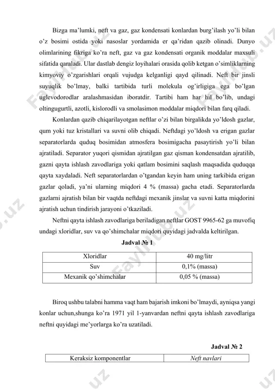 navlari i ii iii iv xloridlar … dan ko’p emas, mg/l 40 300 1800 3600 suv … dan ko’p emas, (massa) % 0,2 1,0 1,0 2,0 mexanik qo’shimchalar … dan ko’p emas, (massa) % 0,05 0,05 0,05 0,05 neftni fizik barqarorlashtirish jarayoni gaz komponentlarini siqib chiqarish uchun mo’ljallangan. neft uzatilayotganda atrof muxit temperaturasi va yuqori bosim ta’sirida gazning to’yingan bug’lari o’zi bilan birga benzin frakstiyasidagi kerakli komponentlarni olib chiqadi. bunday bug’lanishlar rezervuarlarda neft va neft maxsulotlarini qo’yish va bo’shatishda kuzatiladi. shuning uchun yo’qotishlar 5% (massa) gacha bo’lishi mumkin.bundan tashqari neft tarkibida gazlarning bo’lishi quvurlarda bug’ tiqinlarini hosil qilish xususiyatiga ega bo’lib, uzatishni qiyinlashtiradi. neftni barqarorlashtirish qurilmasi konlarda quriladi va ishlatiladi. faqat neftni barqarorlashtirish uchun bir kolonkali qurilma qo’llaniladi. ikki kolonnali qurilma esa birida neftni ikkinchisida gazli benzinni barqarorlashtirish o’tkaziladi. ikki kolonnali qurilmalar asosan tarkibi 1,5 % (massa) dan yuqori bo’lgan erigan gaz tarkibli neftlar uchun foydalaniladi. ikki kolonnali neftni barqarorlashtirish …