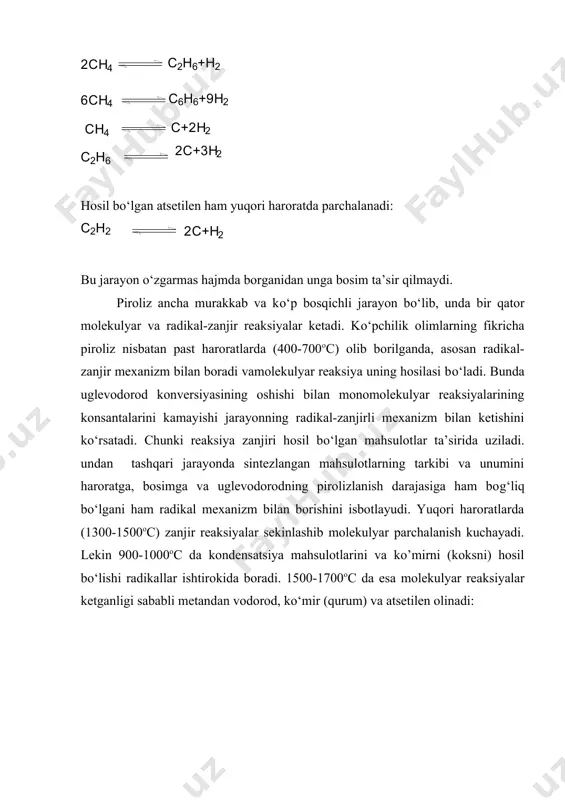 birinchi marta prop[andan atsetilen olish (vulf jarayoni) yо‘lga qо‘yilgan. piroliz jarayoni 1atm. ga yaqin bosimda , 1000°cdan yuqori haroratda va 0,0005-- 0,02 sek . tezlikda olib boriladi. shu vaqt davomida boshlang‘ich uglevodorodlar iqzdiriladi , reaksiya olib boriladi va hosil bо‘lgan maxsulotlar 200°c gacha sovitiladi. bunda atsetilen sintezi bir qator ketma – ket va yonma –yon ketadigan qaytar reaksiyalardan iborat. termodinamik hisoblashlardni kо‘rsatishicha harorat oshishi bilan atsetilenning barqarorligi tо‘yingan va qо‘shbog‘ ushlagan uglevodoprodlarga nisbatan oshib obradi. boshlang‘ich uglevodorodlar aralashmasidan gaz fazasida atsetilin hosil bо‘lishda quyidagi reaksiyalar ketishi mumkin. bu reaksiyalarning hammasi muhit hajmining oshishi bilan boradi. shu sababli bosimning pasayishi (umumiy bosimni yoki komponentlarning partsial bosimi ni kamaytirish yoki suyultirgichlar qо‘shish yо‘li bilan) uglevodorodlarning pirolizlanishiga, oraliq mahsulotlarni va atsetilenni hosil bо‘lishiga qulaylik yaratadi. shuning ham ta’kidlash joyiski gaz holidagi paraffin uglevodorodlar ichida metan termik pirolliziga ancha musahkam. uni parchalash uchun 89,87 kkal/mol issiqlik zarur bо‘lsa, etan va propan uchun bu kattalik …