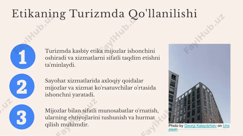va hikoyalar orqali etikaning qo'llanilishi ko'rsatiladi, bu esa turizmning barqaror rivojlanishiga yordam beradi. turizmda etika: barqarorlikka yondashuvlar photo by paul teysen on unsplash kasbiy etika: turizmda innovatsiyalarni rag'batlantirish etika va innovatsiyalar o'rtasidagi bog'liqlik, turizm sohasidagi muvaffaqiyatning asosi hisoblanadi. innovatsion yondashuvlar, mijozlar ehtiyojlarini qondirishda muhim rol o'ynaydi va bu jarayonda etika asosiy o'rinda turadi. etik asoslar, innovatsion yondashuvlarni shakllantirishda zarurdir. mijozlar ishonchini oshirish va ularning talablariga javob berish uchun, turizm tashkilotlari etika qoidalariga amal qilishlari lozim. etika va innovatsiyalar o'rtasidagi bog'liqlik, xizmat sifatini oshirish va barqaror rivojlanishni ta'minlashda yordam beradi. bu, turizm sohasida raqobatbardoshlikni oshirishga xizmat qiladi. shu bilan birga, kasbiy etika turizmda innovatsiyalarni rag'batlantirishda muhim ahamiyatga ega. etika, yangi g'oyalarni amalga oshirishda va ularni mijozlarga taqdim etishda asosiy omil hisoblanadi. kelajakda turizm sohasida etika muhim ahamiyatga ega. barqaror turizm uchun yangi etik strategiyalar zarur. ushbu strategiyalar iqtisodiy, ekologik va ijtimoiy barqarorlikni ta'minlashga yordam beradi. mahalliy jamoalar bilan hamkorlik qilish, ijtimoiy …