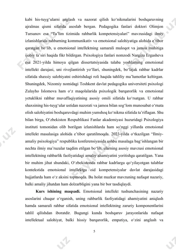taraf etish va motivatsion muhitni yaratishda beqiyos ahamiyat kasb etadi. shu sababli, ushbu kurs ishi orqali emotsional intellektning nazariy va amaliy jihatlarini o‘rganish, uning zamonaviy rahbar faoliyatidagi o‘rnini ochib berish, shuningdek, rahbarlar uchun ushbu ko‘nikmani rivojlantirishga doir tavsiyalar ishlab chiqish ko‘zda tutiladi kurs ishining vazifalari: – emotsional intellektning nazariy asoslarini o‘rganish; – samarali rahbarlikda emotsional intellektning o‘rnini aniqlash; – o‘zbekiston olimlarining mazkur mavzudagi qarashlarini tahlil qilish; – rahbarlar uchun emotsional intellektni rivojlantirish yo‘llarini tavsiya etish. kurs ishining predmeti. rahbarlik faoliyatida emotsional intellektning psixologik va boshqaruvga oid jarayonlardagi ifodalanishi hamda uning samaradorlikka ta’siri. kurs ishining obyekti. rahbarlik faoliyati va rahbar shaxsining emotsional intellektga asoslangan boshqaruv uslublari. kurs ishining tuzilishi: kirish, 2 ta bob, umumiy xulosa va foydalanilgan adabiyotlar ro‘yxatidan iborat. i-bob. emotsional intellektning rahbarlikdagi ahamiyati 1.1. emotsional intellekt tushunchasi va uning tarkibiy qismlari emotsional intellekt — bu insonning o‘z his-tuyg‘ularini anglash, boshqarish, boshqalar his-tuyg‘ularini tushunish va ijtimoiy munosabatlarni samarali yurita olish …