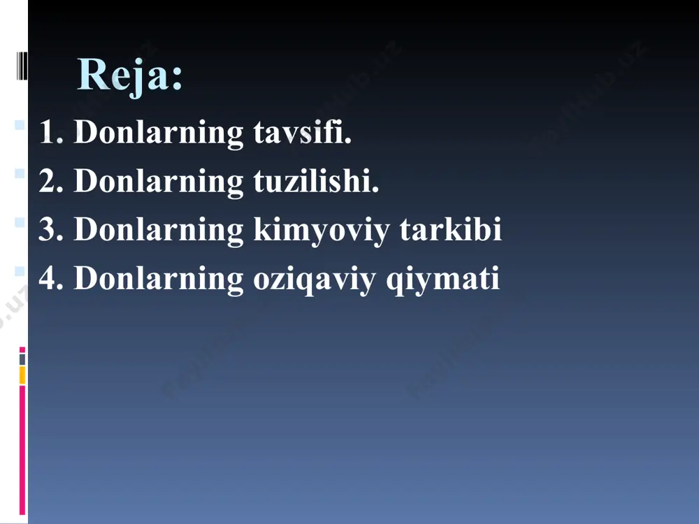 z chiqarib unadi doni bitta murtak ildiz chiqarib unadi boshog‘ida pastki gullari rivojlanadi va meva tugadi, yuqoridagila ko‘pincha yetilmay qoladi boshog‘ining yuqori qismida joylashgan gullar rivojlanadi va meva beradi, pastkilari reduksiyalashib ketadi poyasining ichi kovak bo‘ladi tariq va sholidan boshqalari poyasining ichi o‘zak bilan to‘lgan mo‘tadil iqlim o‘simliklari, issiqqa unchalik talabchan emas issiqqa juda talabchan suvga ancha talabchan suvga uncha talabchan emas, sholidan boshqalari vegetatsiya davrining ikkinchi yarmida suv talab qiladi kuzgi va bahorgi qilib ekiladigan xillari bor faqat bahorgi qilib ekiladigan xillari bor maysa chiqargandan to tuplanish davrigacha jadal rivojlanadi o‘suv davri boshlaridan tuplanish davrigacha sekin rivojlanadi uzun kun o‘simligi qisqa kun o‘simligi bug’doy doni va o’simligi arpa doni va o’simligi javdar doni va o’simligi suli doni va o’simligi makkajo’xori doni va o’simligi oqjo’xori doni va o’simligi supurgi jo’xori doni va o’simligi tariq doni va o’simligi sholi doni va o’simligi marjumak doni va o’simligi donlarning tuzilishi. don – don …