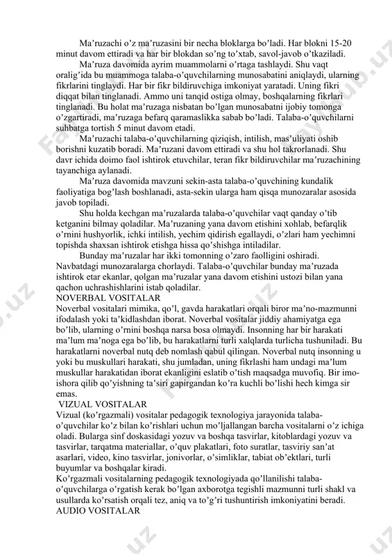 tartibda oʼtkazishlari shart emas, xar qaysi oʼqituvchi bu terininglarning umumiy shaklini olgan holda oʼzlarining dars texnologiyalarini yaratishlari, berilgan tereninglarning toʼliq yoki ularning baʼzi bir bosqichlari, elementlarini ishlatishlari mumkin [5. 3-6]. maktabgacha taʼlim tashkilotida interfaol usullarni kullash. mavzu: maktabgacha ta’lim tashkilotida interfaol usullarni qo’llash. reja: 1.mtt da interfaol usullardan samarali foydalanish 2.interfaol metodlarning turlari va nomlari 3.bbb, klaster, ven diagrammasi, svot tahlil, aqliy hujum metodlari. interfaol usul nima? аnʼanaviy taʼlimda «nimani, qachon va qaerda» muammolariga asosiy eʼtibor qaratilgan boʼlsa, zamonaviy hamkorlikka asoslangan taʼlim texnologiyalarida «qanday qilib oʼrgatish kerak?» degan muammo muhim oʼrinni egallaydi. taʼlim jarayonida oʼrgatuvchi va oʼrganuvchilar hissasining nisbati insoniyat taraqqiyotining (tsivilizatsiyaning) turli davrlarida turlicha boʼlgan. bir vaqtlar taʼlim beruvchilar yetakchi boʼlgan boʼlsa, maʼlum davrlarda taʼlim oluvchilar tashabbuskor boʼlishgan va bunday faolliklarning ijobiy va salbiy jihatlari tadqiq etilgan. keyingi oʼn yilliklarda taʼlim beruvchi va taʼlim oluvchining hamkorlikdagi faoliyatiga asoslangan taʼlim texnologiyalari jadallik bilan rivojlanmoqda va ommalashmoqda. pedagoglar bunday taʼlim texnologiyalarini …