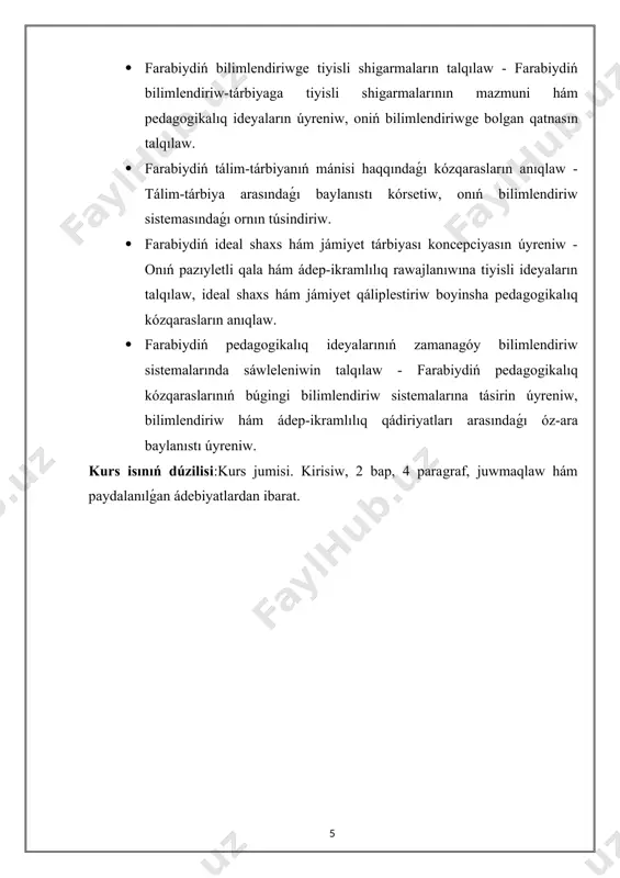 iw, oniń bilimlendiriwge bolgan qatnasın talqılaw. · farabiydiń tálim-tárbiyanıń mánisi haqqındaǵı kózqarasların anıqlaw - tálim-tárbiya arasındaǵı baylanıstı kórsetiw, onıń bilimlendiriw sistemasındaǵı ornın túsindiriw. · farabiydiń ideal shaxs hám jámiyet tárbiyası koncepciyasın úyreniw - onıń pazıyletli qala hám ádep-ikramlılıq rawajlanıwına tiyisli ideyaların talqılaw, ideal shaxs hám jámiyet qáliplestiriw boyinsha pedagogikalıq kózqarasların anıqlaw. · farabiydiń pedagogikalıq ideyalarınıń zamanagóy bilimlendiriw sistemalarında sáwleleniwin talqılaw - farabiydiń pedagogikalıq kózqaraslarınıń búgingi bilimlendiriw sistemalarına tásirin úyreniw, bilimlendiriw hám ádep-ikramlılıq qádiriyatları arasındaǵı óz-ara baylanıstı úyreniw. kurs isınıń dúzilisi:kurs jumisi. kirisiw, 2 bap, 4 paragraf, juwmaqlaw hám paydalanılǵan ádebiyatlardan ibarat. i-bap.abdu nasır farabiydiń ómiri hám ilimiy miyrası ideal shaxs hám jámiyet tárbiyası koncepciyası. 1.1. abdu nasır farabiydiń jasaǵan dáwiri ilimiy mektebi hám ilimiy xizmeti. abdu nasr muxammed ibn muxammed al-farabiy, kóbirek abu nasr farabiy atı menen tanılǵan, ix ásirdiń aqırı hám x ásirdiń baslarında jasagan ullı alım hám filosof. ol shama menen 870-jilda házirgi ózbekistannın qubla-batıs bóliminde jaylasqan farab …