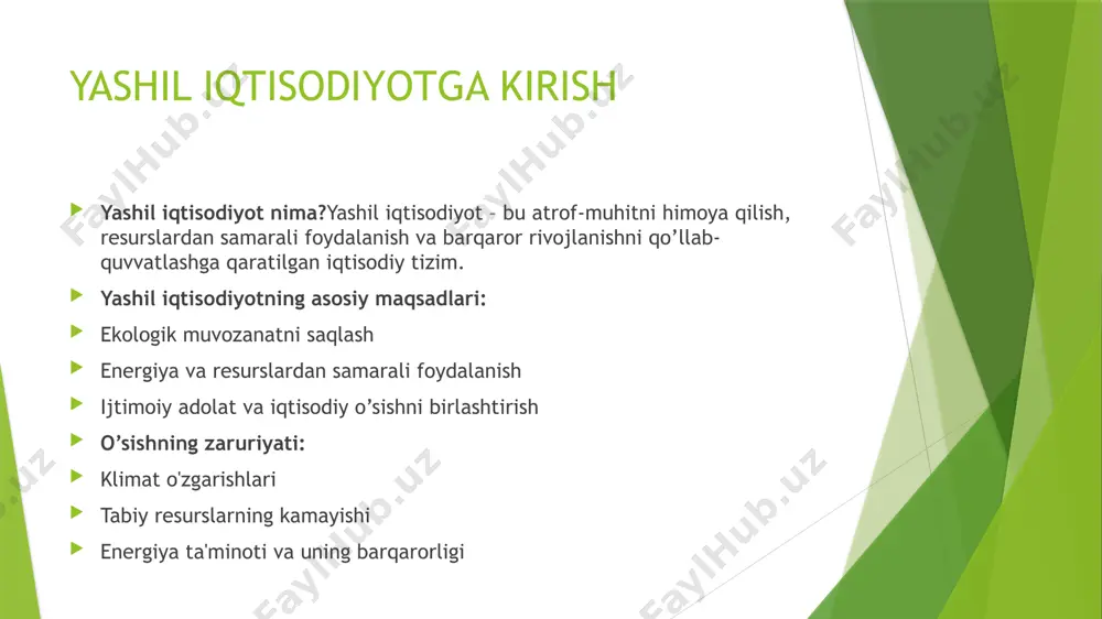 diy faoliyatning barcha tarmoqlari va jarayonlari, ular: tabiiy resurslar: suv, havo, tuproq, o‘rmonlar, minerallar va boshqa tabiiy boyliklar. energiya manbalari: qayta tiklanadigan (quyosh, shamol, suv) va an’anaviy (neft, gaz) energiya manbalari. ekologik tizimlar: tabiiy ekotizimlar va ular bilan bog‘liq iqtisodiy faoliyatlar, jumladan, qishloq xo‘jaligi, sanoat va turizm. atrof-muhit va bioxilma-xillik: ekologik holatni saqlash va tabiiy muhitning bioxilma-xilligini himoya qilish. subyekti: yashil iqtisodiyotning subyektlari – bu iqtisodiy faoliyatni amalga oshiruvchi ishtirokchilar: davlat: yashil iqtisodiyot siyosatini belgilovchi va rag‘batlantiruvchi qonunchilik va dasturlar ishlab chiqaruvchi. xususiy sektor: ekologik barqarorlikni qo‘llab-quvvatlovchi kompaniyalar va korxonalar, yashil texnologiyalarni joriy etuvchi subyektlar. jamoat tashkilotlari: ekologik harakatlarni amalga oshiruvchi va yashil iqtisodiyotni rivojlantirishga qaratilgan nnt va ekologik harakatlar. aholi: yashil iqtisodiyotning iste’molchilari va faol ishtirokchilari sifatida muhim rol o‘ynaydigan jamoatchilik. "yashil iqtisodiyot" fanining maqsadi "yashil iqtisodiyot" fanining maqsadi – talabalarda "yashil iqtisodiyot" kontsepsiyasi, "yashil iqtisodiyot"ga o'tish zaruriyatini asoslash, "yashil iqtisodiyot"ni baholash ko'rsatkichlari va indikatorlarini tahlil etish, jahon amaliyotida …