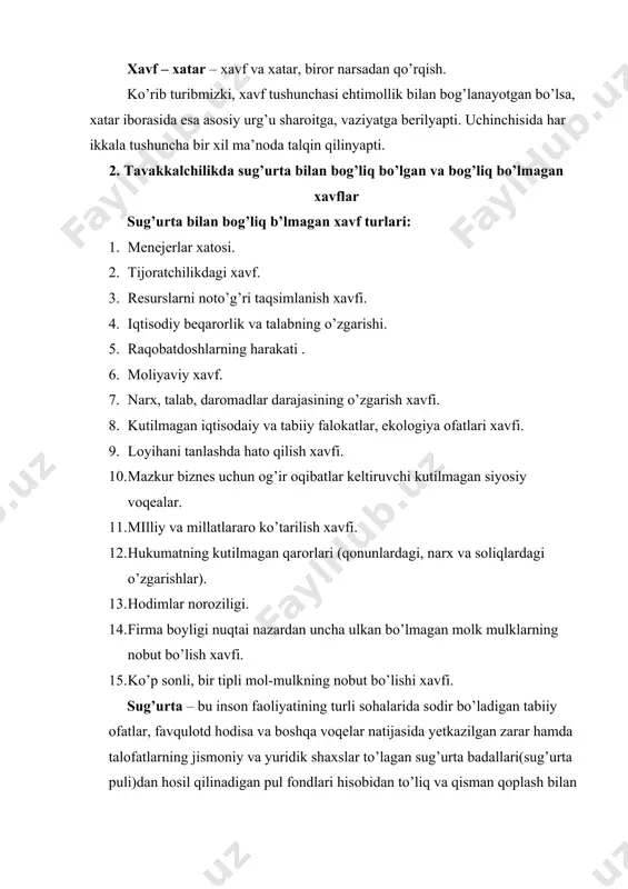 o’lgan ikki turdagi, ya’ni investitsiya va pulning sotib olish qobilyati bilan bog’liq bo’lgan tavakkalchiliklar kiradi. tabiat bilan bog’liq tavakkalchilik turiga tabiiy ofatlar oqibatida ehtimol (tavakkal) qilinadigan zararlar kiradi, masalan, yer qimirlashi, suv toshqini, dovul, epidemiya va boshqalar tufayli ok’rilgan zarar darajasi. ekologiya bilan bog’liq tavakkalchilik – bu atrof muhitni ifloslanishi oqibatida ehtimol (tavakkal qilinadigan zarar yoki qo’shimcha xarajat). siyosat bilan bog’liq tavakkalchilik – bu siyosat beqarorlik oqibatida ehtimol qilinadigan moddiy (moliyaviy) zararlar. bu tavakkalchilik korxona faoliyatiga emas balki mamlakatdagi sotsial siyosiy barqarorlikka bog’liq. transport bilan bog’liq tavakkalchilik – bu avtomobil, temir yo’l, dengiz, havo transportlarida yuklarni tashish jarayonida ehtimol (tavakkal) qilinadigan zararlar. tijorat bilan bog’liq tavakkalchilik – bu xo’jalik sub’ektlarining tadbirkorlik faoliyati oqibatida ehtimol (tavakkal) qilinadigan zararlardir. bunday turdagi tavakkalchilik o’z navbatida ishlab chiqarish, savdo va qisman moliya bilan bog’liq bo’lgan tavakkalchiliklarga bo’linadi. ishlab chiqarish bilan bog’liq tavakkalchilik – bu ishlab chiqarish jarayonining to’xtab qolishi yoki bir maromda ishlayotganligi, texnologiyaning …