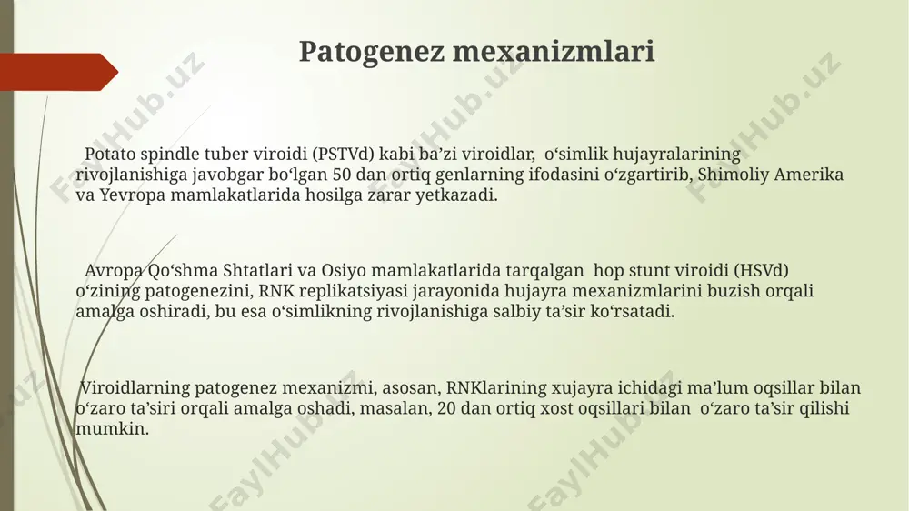 idlardan tashkil topgan aylana shaklidagi bitta ipli rnk molekulasidan iborat bo'lib, ularning o'lchamlari 24-40 nm oralig'ida o'zgarib turadi. viroydlarning ayrim turlari, masalan, patogen pstvd (potato spindle tuber viroid) ning genomi, taxminan 359 nukleotid uzunligiga ega bo'lib, evropada va shimoliy amerikada keng tarqalgan kartoshka kasalliklarini keltirib chiqaradi. tadqiqotlarning hozirgi holati жаҳон бўйлаб 200 дан ортиқ вироид турлари аниқланган бўлиб, уларнинг 30 тасидан ортиғи ўсимлик касалликларини келтириб чиқаради, хусусан, картошка ва помидор етиштиришда катта иқтисодий зарар келтиради. вироидларнинг тарқалишини назорат қилиш учун 5 дан ортиқ турли хил стратегиялар ишлаб чиқилган, бироқ уларнинг самарадорлиги турли географик минтақаларда, масалан, жанубий америка ва европада, турлича бўлади. crispr-cas9 каби ген муҳандислиги технологиялари вироидларни аниқлаш ва уларнинг патогенезини ўрганишда янги имкониятлар очади, масалан, калифорния университетида олиб борилаётган тадқиқотлар бунга мисол бўла олади. iqtisodiy ahamiyati вироидлар сабабли пахта ҳосилининг 20-30% гача камайиши ўзбекистоннинг жанубий ҳудудларидаги қишлоқ хўжалигига жиддий таъсир кўрсатади ва миллионлаб доллар зарар келтиради. жаҳон бозоридаги мева-сабзавот …