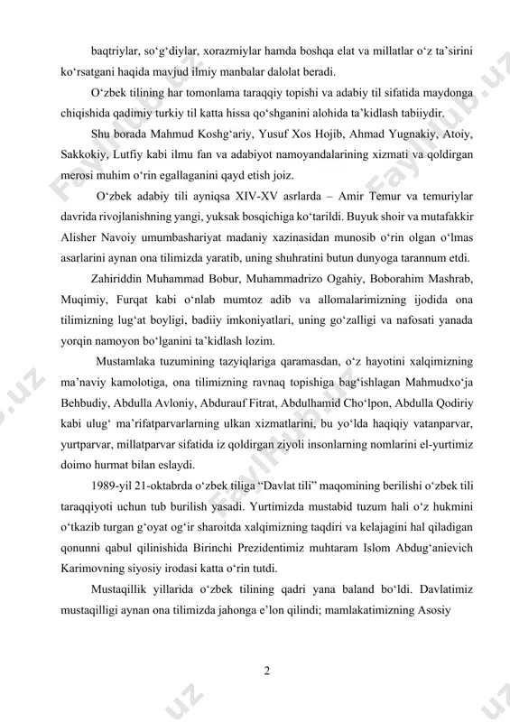 rsatgani haqida mavjud ilmiy manbalar dalolat beradi. o‘zbek tilining har tomonlama taraqqiy topishi va adabiy til sifatida maydonga chiqishida qadimiy turkiy til katta hissa qo‘shganini alohida ta’kidlash tabiiydir. shu borada mahmud koshg‘ariy, yusuf xos hojib, ahmad yugnakiy, atoiy, sakkokiy, lutfiy kabi ilmu fan va adabiyot namoyandalarining xizmati va qoldirgan merosi muhim o‘rin egallaganini qayd etish joiz. o‘zbek adabiy tili ayniqsa xiv-xv asrlarda – amir temur va temuriylar davrida rivojlanishning yangi, yuksak bosqichiga ko‘tarildi. buyuk shoir va mutafakkir alisher navoiy umumbashariyat madaniy xazinasidan munosib o‘rin olgan o‘lmas asarlarini aynan ona tilimizda yaratib, uning shuhratini butun dunyoga tarannum etdi. zahiriddin muhammad bobur, muhammadrizo ogahiy, boborahim mashrab, muqimiy, furqat kabi o‘nlab mumtoz adib va allomalarimizning ijodida ona tilimizning lug‘at boyligi, badiiy imkoniyatlari, uning go‘zalligi va nafosati yanada yorqin namoyon bo‘lganini ta’kidlash lozim. mustamlaka tuzumining tazyiqlariga qaramasdan, o‘z hayotini xalqimizning ma’naviy kamolotiga, ona tilimizning ravnaq topishiga bag‘ishlagan mahmudxo‘ja behbudiy, abdulla avloniy, abdurauf fitrat, abdulhamid …