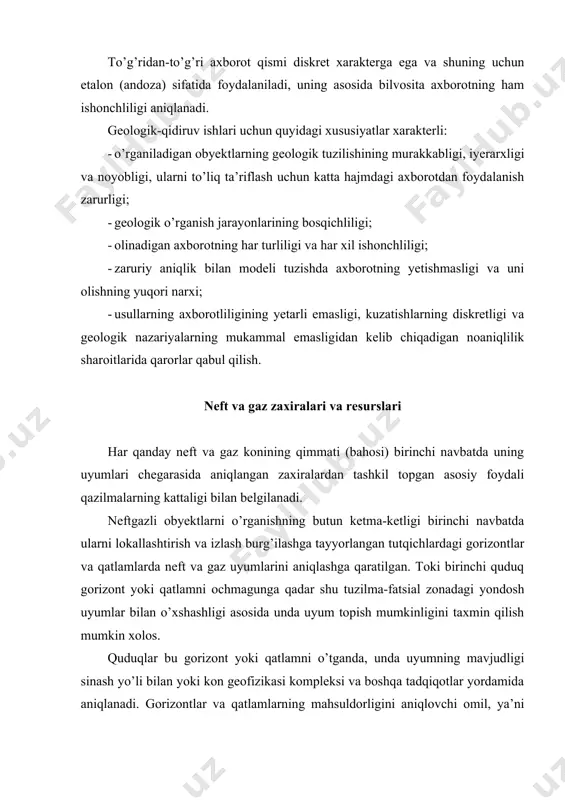 xiralar deb yuritiladi. zaxiralarning hisoblangan kattaligiga izlash, qidirish ishlari va ishlatish jarayonida olingan ma’lumotlarning hajmi va sifati hamda qo’llanilgan hisoblash usullari ta’sir ko’rsatadi. bitta uyumning o’zida hisoblanadigan zaxiralar geologik qidiruv ishlarining turli bosqichlarida haqiqiy ma’lumotlarning to’planishi bilan yoki ekspluatatsion burg’ilash va ishlatishning ma’lumotlarini hisobga olgan holda ahamiyatli darajada o’zgarishi mumkin. tabiiyki, o’rganilganlik darajasi qancha yuqori bo’lsa, hisoblangan zaxiralar shuncha ishonchli bo’ladi. agar izlash, qidirish va ishlatish jarayonida uyumlar bo’yicha olinadigan ma’lumotlarning hajmi va sifati uyumlarni o’rganishning aniq bosqichlari bilan bog’lansa, unda zaxiralarni toifalarga ajratishning mazmuni tushunarli bo’ladi. aniqlangan uyumlar bilan bir qatorda neftgazli gorizontlar va qatlamlarda hamda izlash burg’ilash bilan o’rganilmagan litologik-stratigrafik komplekslarda mavjudligi geologik-geofizik tadqiqotlar va geologik tuzilishi haqidagi tasavvurlarga asosan taxmin qilingan uv to’plamlari bo’lishi mumkin. bu aniqlangan konlardagi burg’ilab ochilmagan mahsuldor qatlamlarda yoki burg’ilashga tayyorlangan uyumlarda shuningdek yirik geotuzilmalar elementlari chegarasidagi neftgazliligi isbotlangan va taxmin qilingan litologik-stratigrafik komplekslardagi taxmin qilingan uyumlardir. yuqorida keltirilgan obyektlardagi standart sharoitlarga keltirilgan …