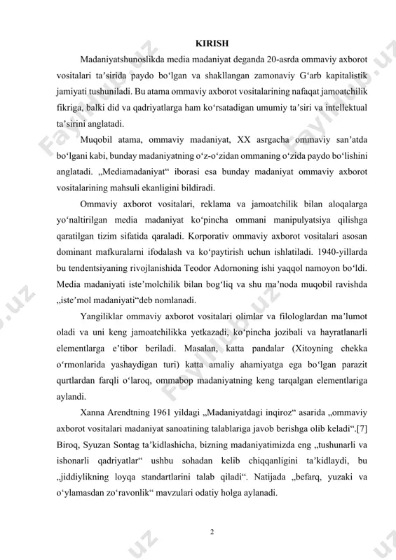 ing loyqa standartlarini talab qiladi“. natijada „befarq, yuzaki va o‘ylamasdan zo‘ravonlik“ mavzulari odatiy holga aylanadi. 1. multimedia asoslari multimedia (multi – ko’p, media – muhit) – bu kompyuter texnologiyalarining soxasi bo’lib, turli axborot saqlovchi vositalaridagi turli fizik ko’rinishda ifodalangan axborotlarga ishlov beradi. multimedia – bu zamonaviy texnik va dasturiy vositalardan foydalanib, interfaol dasturiy tahminot ostida boshqariladigan video va audio effektlarning o’zaro bog’liqligi bo’lib, matn, tovush, grafika, foto, videoni birlashtiradi. bunda mahlumot turli axborot tashuvchilarida mavjud bo’lishi mumkin (magnit va optik disklar, audio va video tasmalar). multimedianing apparat – dasturiy vositalari foydalanuvchi o’z ish faoliyatida axborotning matn va grafik shakldan tashqari yana foydali audio va video fayllar shakllaridan foydalanish, hamda o’zlarining animatsiyali rolik va filmlarini yaratishlari mumkin. multimedia tushunchasi 1988 yilda yangi texnologiyalarni amaliyotda tatbiq etish va ulardan foydalanish muammolari bilan shug’ullanadigan yirik yevropa komissiyasi tomonidan shakllantirilgan. 1945 yilda amerikalik olim vanniver bush «memex» nomli xotirani tashkil kilish kontseptsiyasini taklif qilgan, …