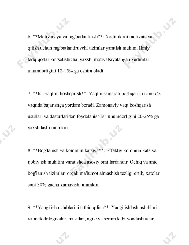 ordamida ekin maydonlarini kuzatish hosildorlikni 15% gacha oshirish imkonini beradi. sog'liqni saqlash sohasida ham texnologik innovatsiyalar muhim o'rin tutadi. masalan, telemeditsinaga asoslangan xizmatlar bevosita bemorlar bilan masofadan aloqa qilish imkoniyatini beradi, bu esa tibbiy xizmat ko'rsatish unumdorligini oshiradi. 2019 yilda global telemeditsina bozori hajmi 45,5 milliard dollarga baholangan bo'lsa, 2026 yilga kelib bu ko'rsatkich 175,5 milliard dollarga yetishi kutilmoqda. texnologik innovatsiyalar aloqa sohasida ham samaradorlikni oshirishda muhim o'rin tutadi. 5g texnologiyasining joriy etilishi internet tezligini sezilarli darajada oshiradi. ericsson kompaniyasining prognozlariga ko'ra, 2025 yilga kelib, dunyo bo'ylab 5g obuna soni 2,6 milliardga yetadi, bu esa raqamli kommunikatsiya sohasida yangi me'yorlarni belgilaydi. bank sektori ham texnologik innovatsiyalardan chetda qolmaydi. fintech kompaniyalari tomonidan taqdim etilayotgan raqamli to'lov tizimlari mehnat unumdorligini oshiradi. 2020 yilda global raqamli to'lovlar bozori hajmi 5,44 trillion dollarga baholangan; bu ko'rsatkich 2027 yilga kelib 10,52 trillion dollarga yetishi kutilyapti. tijorat sohasidagi texnologik taraqqiyot, ayniqsa elektron savdo orqali sezilarli o'sish …