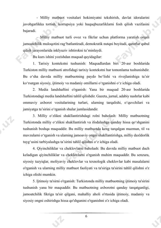 va jamiyatga ta’sirini o‘rganish shular jumlasidandir. 3. milliy o‘zlikni shakllantirishdagi rolni baholash: milliy matbuotning turkistonda milliy o‘zlikni shakllantirish va ifodalashga qanday hissa qo‘shganini tushunish boshqa maqsaddir. bu milliy matbuotda keng tarqalgan mazmun, til va mavzularni o‘rganish va ularning jamoaviy ongni shakllantirishga, milliy daxldorlik tuyg‘usini tarbiyalashga ta’sirini tahlil qilishni o‘z ichiga oladi. 4. qiyinchiliklar va cheklovlarni baholash: bu davrda milliy matbuot duch keladigan qiyinchiliklar va cheklovlarni o'rganish muhim maqsaddir. bu senzura, siyosiy tazyiqlar, moliyaviy cheklovlar va texnologik cheklovlar kabi masalalarni o'rganish va ularning milliy matbuot faoliyati va ta'siriga ta'sirini tahlil qilishni o'z ichiga olishi mumkin. 5. ijtimoiy ta'sirni o'rganish: turkistonda milliy matbuotning ijtimoiy ta'sirini tushunish yana bir maqsaddir. bu matbuotning axborotni qanday tarqatganligi, jamoatchilik fikriga ta'sir qilgani, mahalliy aholi o'rtasida ijtimoiy, madaniy va siyosiy ongni oshirishga hissa qo'shganini o'rganishni o'z ichiga oladi. 7 i bob. turkistonda milliy o‘zlikni shakllantirishda milliy matbuotning o‘rni: tarixiy tahlil 1.1 turkiston milliy matbuotining tarixiy ma'lumotlari milliy …