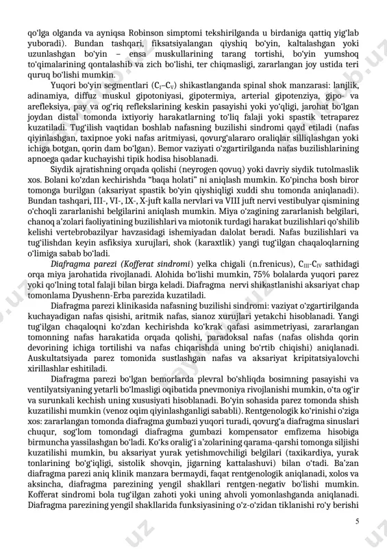 an o‘tkaziladi. kalla suyagi yoriqlarida neyrosonografiya o‘tkazish va neyroxirurg maslahatini tashkil qilish shart. davosi. bolani hayotining dastlabki 3-4 kunida sog‘ilgan ona suti bilan shishachadan boqish, keyin bola holati barqaror bo‘lganda emizish mumkin. k vitamini (agar tug‘ilganda yuborilmagan bo‘lsa) bir marta muskul orasiga yuboriladi. ba’zan kefalogematomalar kalsiylanadi va katta (diametri 8 sm dan ortiq) qon quyilishlar so‘rilib ketgandan keyin ostidagi suyak plastinkasi keskin yupqalashib qolishi yoki kistasimon suyak o‘simtalari hosil bo‘lishi mumkin, shunga qaramay neonatologlar ko‘p yillar davomida biron-bir xirurgik aralashuvdan bosh tortar edilar. hozirgi vaqtda yondoshuv birmuncha o‘zgardi va hayotning 6-7 kuni katta gematomalar ichidagi suyuqlik punksiya qilib olib tashlanadi. yuz nervi falaji. nervning periferik qismi va uning tarmoqlari ko‘pincha akusherlik qisqichlaridan shikastlanadi. og‘izning osilib va harakatsiz bo‘lib qolishi, uning shishi, burun-lab burmasi, qosh usti refleksining yo‘qligi, zararlangan tomonda qovoqlarning zich yumilmasligi, yig‘laganda og‘izning assimetriyasi, ko‘zlarning yoshlanishi bilan ifodalanadi. mebius sindromi (nerv yadrosi yo‘qligi), kalla suyagi ichiga qon quyilishi bilan …