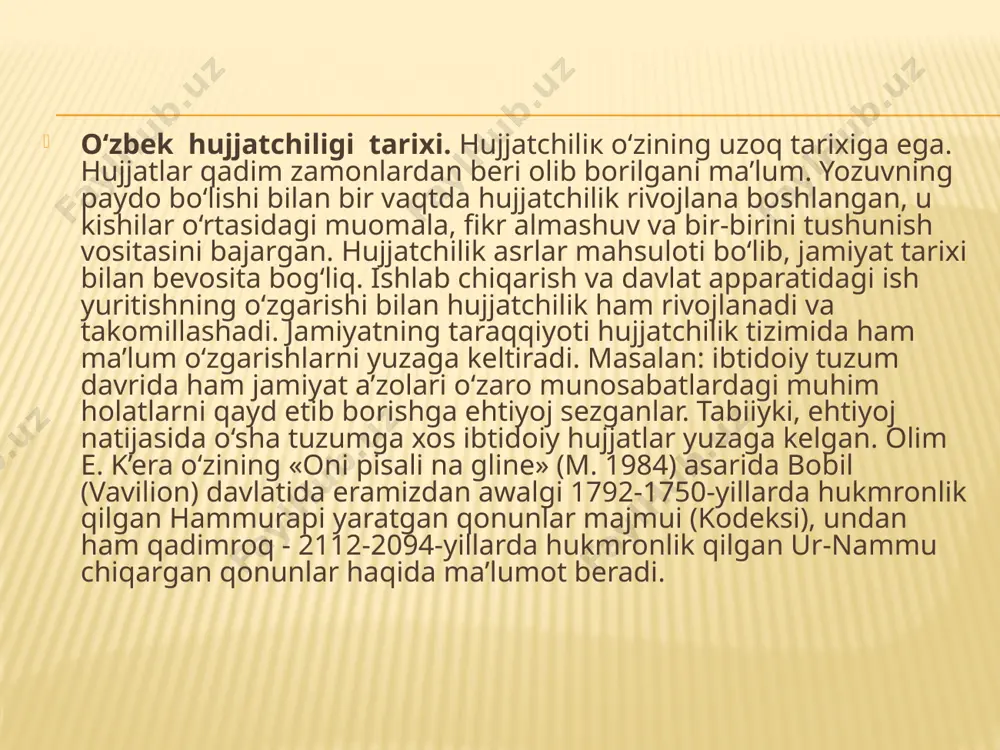 zilarning bu vazifalarini hozirda notariuslar amalga oshirishadi. ma'lumki, tarxonlik qadimgi turk-mo‘g‘ul davlatchiligida vujudga kelgan unvon bo‘lib, unga davlat va vatan manfaatlari yo‘lida alohida xizmat qilgan kishilar sazovor bo‘lishgan hamda bu shaxsga berilgan imtiyozlar tarxon yorliqlari yoki tarxon haqidagi farmon deb atalgan maxsus hujjatlar yordamida rasmiylashtirilgan. turli davrlarda imtiyozi o‘zgarib turgan tarxonlik huquqlari ana shu hujjatlarda aniq ko‘rsatib berilgan. masalan, soliqlardan va o‘lim jazosidan ozod etilish darajasi, ov yoki urushda qo‘lga kiritilgan mulkka egalik, hukmdor saroyiga kirish va turli anjumanlarda o‘tirish o‘rni kabilar. image3.jpeg image4.jpeg /docprops/thumbnail.jpeg