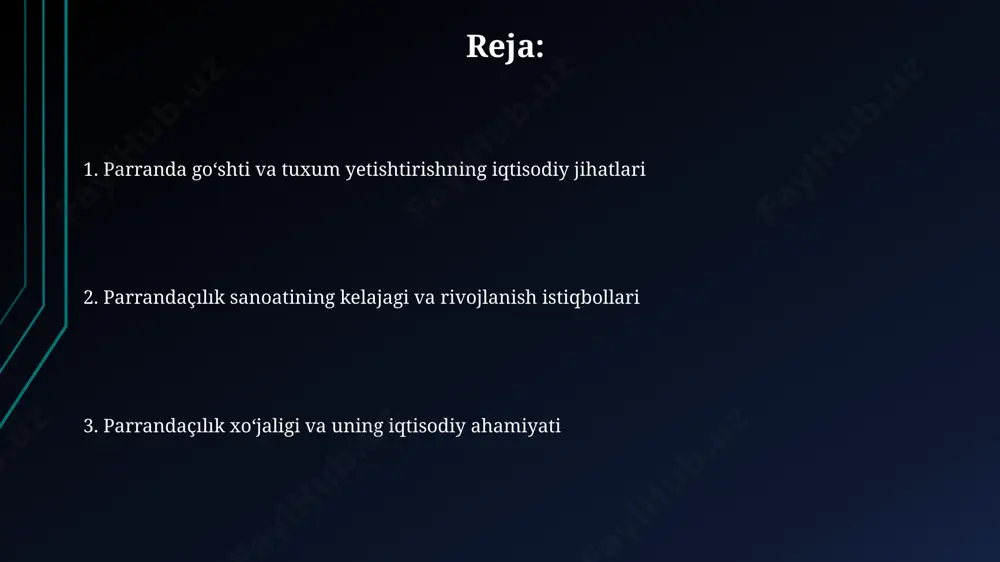 ga xorijiy investitsiyalar oqimi 2022-yilda 15% ga oshdi, bu esa zamonaviy texnologiyalarni joriy etish va ishlab chiqarish samaradorligini oshirishga imkon berdi. parranda goʻshti va tuxumining jahon bozoridagi oʻrni yevropa ittifoqi parranda goʻshti va tuxumini import qilish boʻyicha yirik isteʼmolchi boʻlib, 2021 yilda taxminan 5 milliard dollarlik mahsulot import qilgan. parranda goʻshti va tuxumi jahon oziq-ovqat bozorining 30% dan ortigʻini tashkil etadi, bunda braziliya, aqsh va xitoy kabi mamlakatlar yetakchi ishlab chiqaruvchilar hisoblanadi. parranda kasalliklari va ularning oldini olish neyrokastsiyal kasalligi, parrandalar nerv sistemasiga ta'sir qiluvchi virusli kasallik bo'lib, dunyoning 70 dan ortiq mamlakatlarida tarqalgan va parranda fermalarida yuqori darajadagi sanitariya va bioxavfsizlik choralari orqali oldini olish mumkin. parranda grippi, o'zbekistonning andijon viloyatida 2022-yilda 5000 dan ortiq qushning nobud bo'lishiga sabab bo'lgan yuqumli kasallikdir, uni samarali oldini olish uchun vaktsinatsiya dasturlari va sanitariya standartlariga rioya qilish muhimdir. parranda chorvachiligining ish bilan taʼminlashdagi roli parranda chorvachiligi, o‘zbekistonning andijon viloyatida 2022-yilda 15 mingdan …