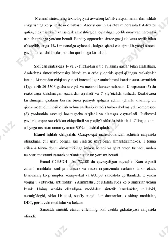 ar va hokazo. sanoatda sintetik etanol etilenning ikki usulda gidratasyasi natijasida olinadi. a.m.butlerov tomonidan kashf etilgan sulfat kislotali usul sanoatda xx asrning 50-yillarida o`zlashtirilgan. uning asosida quyidagi reaksiya etadi: etilen bilan sulfat kislotasini ta`sirlashishi ikki bosqichdan iborat bo`lib, 1- bosqichda etilenning sulfat kislotada fizikaviy erishi va 2-bosqichda kimyoviy ta`sirlashishi natijasida allilsulfatlar hosil bo`ladi, so`ngra hosil bo`lgan efirlarning gidrolizi amalga oshiriladi. dietil efirini unumini kamaytirish uchun gidroliz iloji boricha tezrok o`tkaziladi va hosil bo`lgan spirt xaydab eritmadan chiqarilib turiladi. etilenning sulfat kislota yordamida gidratasiyasi bir qator kamchiliklarga ega. ular sintez moslamalarning kimmatligi, kislotaga chidamli materiallar kerakligi, kislotani konsentrlash uchun ko`p energiya sarflanishi va hokazo. shuning uchun etilenning to`g`ridan-to`g`ri gidratasiyasi usuli ishlab chiqarildi. bu usul unumi kamrok, lekin jarayon bir bosqichda, qo`shimcha mahsulotlarsiz boradi va etanol arzonga tushadi. etilenga suvni birikishi geterogen katalitik ekzotermik reaksiyadir: reaksiya ifodasidan ayonki muvozanatni etanol hosil bo`lishi tomon siljitish uchun haroratni pasaytirib, bosimni oshirish kerak, lekin 2800s …