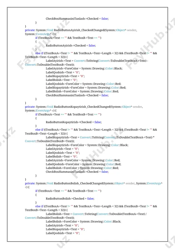 va 2 ta textboxdan foydalanildi. 4-labaratoriya ishi 2 chi va 3 chi labartoriya ishlaringizni birlashtirgan holda tabcotrolni tablariga joylashitirigan holda dasturini tuzib hisobot yozish kerak. xulosa. topshiriqni bajarishda tabcontroldan foydalanildi. 5-labaratoriya ishi kod: private: system::void buttonhisoblash_click(system::object^ sender, system::eventargs^ e) { int sanash = 0; if (textboxa->text != "") { double q = convert::todouble(textboxa->text) * 0.1; listviewitem^ list = gcnew listviewitem(convert::tostring(sanash + 1)); for (int i = 1; i subitems->add(convert::tostring((q * i))); } listview1->items->add(list); sanash++; } else { messagebox::show("iltimos narxni kiriting"); } } xulosa. topshiriqni bajarishda 1 ta listview 1 ta label, 1 ta button va 1 ta textboxdan foydalanildi. 6-labaratoriya ishi 5-labartoriya ishingizga yukalsh oynasini qo’shib, yuklash oynasi ko’ringanidan 5 sekunddan so’ng asosiy oynani ochuvhi dastur tuzing va hisobot yozing foydalangan holda. kod: private: system::void timer1_tick(system::object^ sender, system::eventargs^ e) { panel2->width += 10; if (panel2->width >= 584) { timer1->stop(); form1^ ob = gcnew form1(); ob->show(); this->hide(); } } private: system::void …