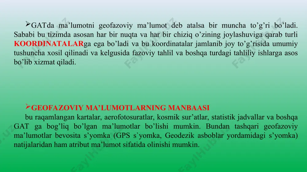 in usuliga o’xshash bo’lib farqi yuqorida tasodifiy joylashgan nuqtalar bo’lsa bunda har xil turdagi chiziqlar qo’llaniladi. bu usulda asosiy birlik bu uchburchaklardir. bizga ma`lumki uchburchak o’zida uchta chiziqni birlashtirib uchta tugun (node) ni xosil qiladi. har bir uchburchak o’sha uchchala nuqtaning koordinatlarilari orqali ifodalanadi. har bir uchburchak boshqa jadvallarda ham o’zaro bog’liq attributlarga ega bo’lishi mumkin ko’ndalang kesmalar orqali. bunda har bir ko’ndalang kesma berilgan yoy yoki to’g’ri chiziq bo’ylab perpendikulyar ravishda bir hil masofada joylashtirilib chiqiladi. agar berilgan yuza to’g’ri chiziqdan iborat bo’lsa unda grid nuqtalar yordamida interpolyatsiya usuli orqali balandliklar topiladi. agar berilgan yuza yoy chiziqlardan iborat bo’lsa u holda tin orqali balandliklar topiladi. reja geografik va atributiv ma’lumotlar. gat da ma’lumotlar modellari. geokodlash geokodlash atamasi gatda ko’cha manzillarini kenglik va uzoqlik yoki boshqa o’xshash koordinata tizimiga o’zgartirish jarayonida qo’llaniladi. geokodlashning yana bir nomi bu georeferentslashdir. geokodlashning muhim talablaridan biri bu obyekt va jadval orqali bog’langan ma’lumotlar yagona …