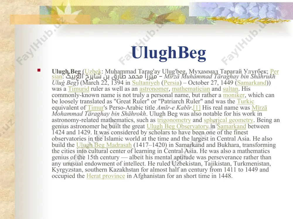 he accession of ulugh beg's father to much of the timurid empire, he settled in samarkand, which had been timur's capital. after shah rukh moved the capital to herat (in modern afghanistan), sixteen-year-old ulugh beg became the shah's governor in samarkand in 1409. in 1411, he became the sovereign ruler of the whole mavarannahr khanate. ulugbek observatory - constructed by ulugbek in 1428-1429, 46 meters in diameter, 30 meters in height. in the main hall huge instrument was placed for observations of moon, sun, and other stars of the vault of heaven. observatory was unique construction for its time. the basis of observatory was giant goniometer (vertical circle), radius of circle was equal 40,212 meters, and the length of arc was 63 meters. the main instrument-sextant-was oriented with amazing exactness by line of meridian from south to north. contribution of creation astronomic catalog-“zidji-gurgani”, known as “star tables of ulugbek” belongs …