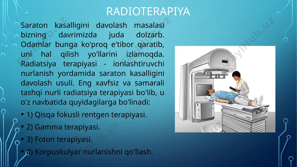 'g'ri taqsimlash muhim rol o'ynaydi. hozirgi kunda bu terapiya tasvirga asoslangan radioterapiya (igrt, image-guided radiotherapy) deb ataladi. ilgari buning uchun maxsus portal plyonkalari ishlatilgan, ular keyinchalik qayta ishlangan va fiziklar haqiqiy doza taqsimotini hisoblangan bilan solishtirishlari mumkin edi. uch o'lchovli konformal radiatsiya terapiyasi (3d-crt, 3d konformal radiatsiya terapiyasi). terapiyaning bu yo'nalishi o'simta shakliga iloji boricha yaqinroq bo'lgan nurlanish maydonini shakllantirishni anglatadi. ushbu usulning joriy etilishi birinchilardan bo'lib, zararlangan hududga nurlanish dozasini oshirish va atrofdagi sog'lom to'qimalarga yukni kamaytirish imkonini berdi. intensiv modulyatsiyalangan radiatsiya terapiyasi (imrt). uning konformal radiatsiya terapiyasidan ustunligi - nurlanish paytida turli yo'nalishdagi nurlarning intensivligining o'zgarishi. volumetrik modulyatsiyalangan boshq radiatsiya terapiyasi (vmat, volumetrik modulyatsiyalangan yoy terapiyasi). vmat imrt texnikasining takomillashtirilgan turidir. nurlanish paytida gantry doimiy ravishda davolanish vaqtida bemor atrofida aylanadi, shu bilan birga radiatsiya nurining intensivligini doimiy ravishda o'zgartiradi. nurlanish uchun bir nechta burchaklar o'rniga endi bir seansda barcha 360 gradusdan foydalanish mumkin. radioterapevtik uskunalarni qabul qilish …