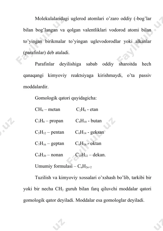 ft mahsulotlarini krekinglash natijasida to’yingan uglevodorodlar olinadi. laboratoriyada olinish usullari 4.alyuminiy karbidga suv ta‘sir etish orqali metanni olinishi. embed equation.3 5.metanni bertlo usuli bo’yicha uglerod sulfiddan olinishi. 6.sirka kislota tuzidan (dekarboksillanish) olish. 7.vyurts reaktsiyasi (1985). alkanlarni galogenli hosilalarini natriy metali bilan qizdirib to’yingan uglevodorodlar vakillarini sintez qilib olish. bu reaktsiyaning mexanizmini shorigin tomonidan 1907 yilda aniqlangan. u quyidagi ikki bosqichdan iborat. q. qq. 8. 1849 yilda nemis olimi kolbe organik kislota tuzlarini elektroliz qilib to’yingan uglevodorodlarni oladi. katod anod 9. har xil birikmalarni qaytarish orqali. ch3q + hq ( ch4 + q2 ch3ch2oh + 2hq ( c2h6 + h2o + q2 ch3cooh + 6hq ( ch3-ch3 + 3q2 + 2h2o c2h5q + [h] ( c2h6 + hq c2h5-nh2 + [h] ( c2h6 + nh3 10. to’yinmagan va o’ta to’yinmagan uglevodorod-larni gidrogenlash. 11. metall organik birikmalarni suv ta‘sirida parchalash usuli bilan ham to’yingan uglevodorodlarni olish mumkin. zn(сн3)2 + 2нон ( 2сн4 …