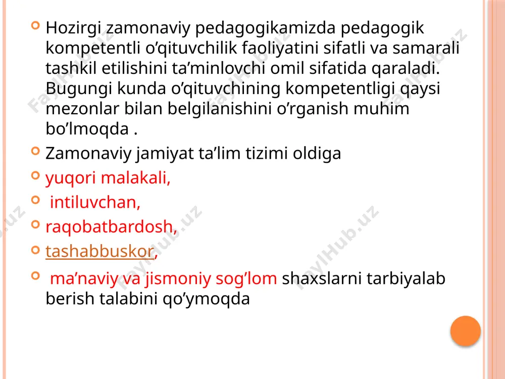 hira oladigan hamda aniq ijodiy natija (mahsulot)larga ega shaxs ; kreativ shaxs – jarayon yoki natija sifatida ijodkorlikni namoyon etuvchi, masalalarni yechishga nostandart usullar bilan yondasha olishga moyil, o'ziga xos harakatlarni tashkil etish, yangiliklarni ilgari surishga, ijodiy mahsulotlarni yaratishga layoqatli va tayyor shaxs; bunyodkor shaxs – ham jarayon, ham natija sifatida ob'ektiv ijodkorlikni amalga oshiradigan va talablar darajasida ijodiy mahsulotlarini yarata oladigan shaxs; kreativ shaxsni tayyorlash – ijodkorlikka o'rgatish va o'zini o'zi ijodiy namoyon etish jarayonida shaxsda barqaror kreativ sifatlarni shakllantirish va rivojlantirish mazmuni; ijod – ijtimoiy sub'ektning yangiligi, ahamiyati va foydaliligi jamiyat yoki muayyan guruh tomonidan tan olingan faoliyati yoki faoliyati natijasi pedagoglarda kreativ faoliyatni tashkil etishga imkon beradigan malakalar guruhlari: 1) bilishga oid (gnostik) malakalar; 2) loyihalash malakalari; 3) ijodiy-amaliy (konstruktiv) malakalar; 4) tadqiqotchilik malakalari; 5) muloqotga kiruvchanlik (kommunikativ) malakalari; 6) tashkilotchilik malakalari; 7) izchillikni ta’minlovchi (protsesssual) malakalar; 8) texnik-texnologik malakalar quyidagi omillar shaxsda kreativlikni rivojlantirishga to‘sqinlik qiladi: …