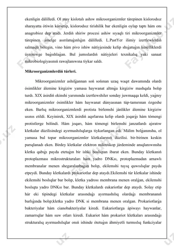 slıqlar bar bolıp, kletka yadrosı membrana menen oralǵan, ekilemshi boslıqta yadro dnksı bar. bunday kletkalardı eukariotlar dep ataydı. solay etip hár eki tipindegi kletkalar arasındaǵı ayırmashılıq olardaǵı membrananıń barlıǵında bolıp;kletka yadro dnk si membrana menen oralgan. prokariotlarǵa bakteriyalar hám cianobakteriyalar kiredi. eukariotlarga ápiwayı haywanlar, zamarrıqlar hám suw otları kiredi. eukariot hám prokariot kletkaları arasındaǵı strukturalıq ayırmashılıqlar onıń ishinde ótetuǵın áhmiyetli turmıslıq funkciyalar mexanizmindegi; genetikalıq maǵlıwmatlardıń uzatılıwı energiya almasıwı, kletkadaǵı zatlardıń awısıwı hám ajıralıwındaǵı ayırmashılıqlar baqlanadı. r.vitteker 1969-jılı kletka dúzilisine iye bolgan barlıq iri jánliklerdi bes álemge- jer, protista, ósimlikler, zamarrıq hám xayaonlarǵa bóliw sistemasın usındı. prokariot tipindegi kletka dúzilisine ie bolǵan, tómengi kletka dúzilisi basqıshındaǵı bir kletkalı janlılar monyera patshalıǵına kirgizildi. eukariot tipindegi kletka dúzilisine iye bolgan bir kletkalı jánlikler protista pachalıǵına kirgizildi.ósimlikler hám zamarrıqlar hám haywanlar pachalıģi kóp kletkalı. eukariot tipindegi kletka dúzilisine iye bolgan pachalıqqa kirgizilgen. sońınan úsh pachalıq evolyuciya procesinde sapa jaǵınan sekiriw nátiyjesinde payda boldı. boldı …