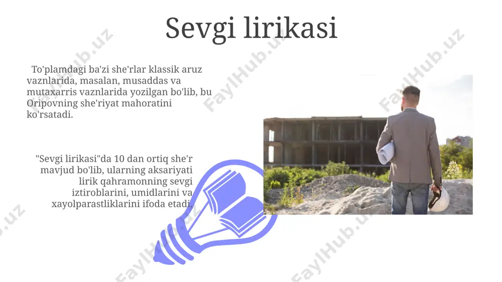 rlar bilan o'zaro munosabatlarini chuqur tahlil qiladi. tarjimalari va adabiy faoliyati 01 02 абдулла ориповнинг таржималарида жами 10 дан ортиқ шеърий тўпламлар, шу жумладан, жаҳон адабиёти классикларининг асарлари ўрин олган. sales 1st qtr 2nd qtr 100 0 sales 1st qtr 2nd qtr 100 0 xotiralar va esdaliklar “xotiralar va esdaliklar”da milliy adabiyotga oid 30 dan ziyod muhim fikrlar, bahs-munozaralar va tarixiy ma’lumotlar keltirilgan bo'lib, ular adabiyotshunoslar uchun qimmatli manba hisoblanadi. “xotiralar va esdaliklar”da abdulla oripovning 1970-yillarda yozgan 20 dan ortiq she’rlari haqida qimmatli ma’lumotlar, ularning ijod tarixi va yozilish sabablari bayon etilgan. tabiat tasvirlari "tabiat tasvirlari"da oripov 20 dan ortiq she'rlarida tabiat hodisalari, o'simlik va hayvonot dunyosi haqida lirik, badiiy tasvirlarni ustalik bilan qo'llagan. "tabiat tasvirlari" she'rlari o'zining majoziy ifodalari, badiiy vositalarining boyligi (masalan, epitetlar, metaforalar) bilan ajralib turadi va 1970-yillarning she'riy ijodini aks ettiradi. she'riyatida vatan mavzusi oripov she'rlarida vatan mavzusi, 20 dan ortiq asarda, uning ulug'vorligi va mustaqilligini …