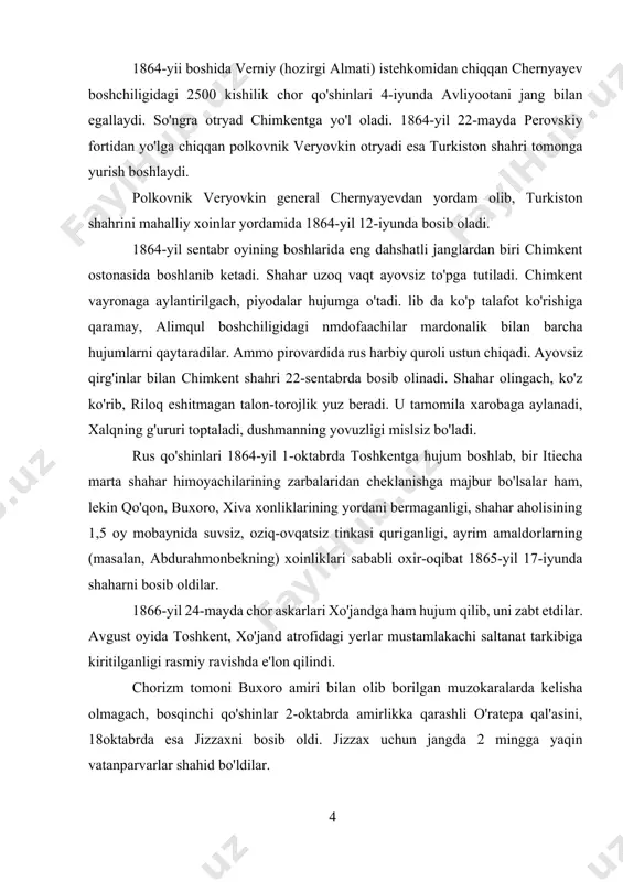 ovnik chernyayev so'zoq qal'asini qo'lga kiritadi va uni tevarakatrofidagi aholisi bilan birga «rossiyaning mulki» deb e'lon qiladi. 1864-yii boshida verniy (hozirgi almati) istehkomidan chiqqan chernyayev boshchiligidagi 2500 kishilik chor qo'shinlari 4-iyunda avliyootani jang bilan egallaydi. so'ngra otryad chimkentga yo'l oladi. 1864-yil 22-mayda perovskiy fortidan yo'lga chiqqan polkovnik veryovkin otryadi esa turkiston shahri tomonga yurish boshlaydi. polkovnik veryovkin general chernyayevdan yordam olib, turkiston shahrini mahalliy xoinlar yordamida 1864-yil 12-iyunda bosib oladi. 1864-yil sentabr oyining boshlarida eng dahshatli janglardan biri chimkent ostonasida boshlanib ketadi. shahar uzoq vaqt ayovsiz to'pga tutiladi. chimkent vayronaga aylantirilgach, piyodalar hujumga o'tadi. lib da ko'p talafot ko'rishiga qaramay, alimqul boshchiligidagi nmdofaachilar mardonalik bilan barcha hujumlarni qaytaradilar. ammo pirovardida rus harbiy quroli ustun chiqadi. ayovsiz qirg'inlar bilan chimkent shahri 22-sentabrda bosib olinadi. shahar olingach, ko'z ko'rib, riloq eshitmagan talon-torojlik yuz beradi. u tamomila xarobaga aylanadi, xalqning g'ururi toptaladi, dushmanning yovuzligi mislsiz bo'ladi. rus qo'shinlari 1864-yil 1-oktabrda toshkentga hujum boshlab, …