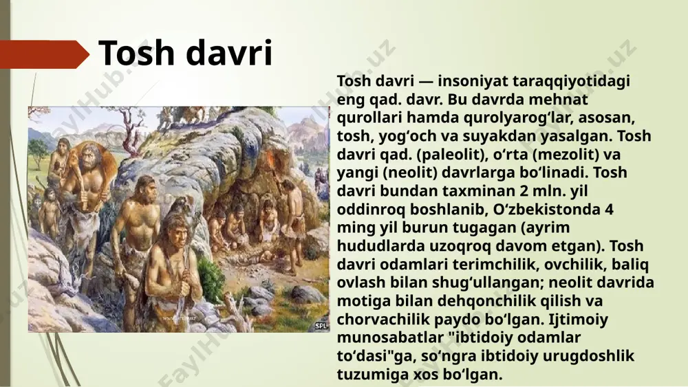 paleolit davri paleolit (paleo... va lot. "lithos" — tosh) — qad. tosh davri. tosh davrini 2 bosqichga: p. — kadimgi va neolit — yangi tosh asrlariga boʻlib oʻrganish dastlab 1865 yil ingliz arxeologi j. lebbok tomonidan fanga kiritilgan. p. quyi (ilk), oʻrta va yuqori (soʻnggi) qad. tosh davrlariga boʻlinadi. p. eng qad. ibtidoii odamlarning kazilma ilk zotlari hayot kechirgan ulkan tarixiy zamon hisoblanadi. oʻsha qad. zamonda yer kurrasining ikdimi, oʻsimlik va hayvonot dunyosi biz yashab turgan davrdan mutlaqo oʻzgacha boʻlib, undan keskin farq qilgan. p. davrining ibtidoii odamlari kertilgan dagʻal tosh qurollardan foydalanganlar. ular tosh qurollarga sayqal berish hamda sopol idish yasashni hali bilmaganlar. asosan, ovchilik va termachilik bilan kun kechirib, ibtidoii deqqonchilik va chorvachilik kabi mashgʻulotlarni hali kashf etmaganlar. this presentation uses a free template provided by fppt.com www.free-power-point-templates.com ilk paleolit davri ilk paleolit - odam tarixining davridir, pliotsen davrining ohirida boshlangan va bu davrda birinchi marotaba hozirgi odamning …