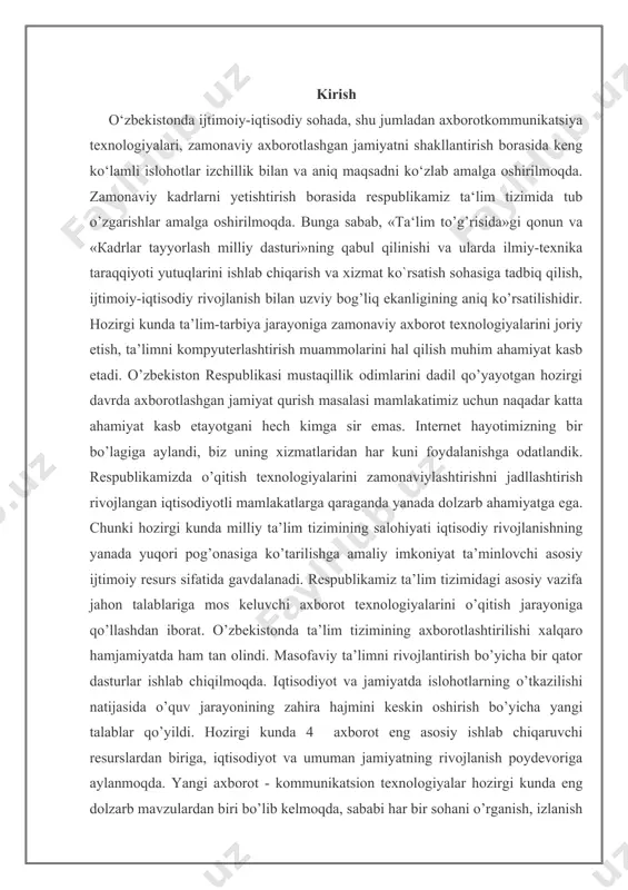 mavzusining dolzarbligi: mavzuning dolzarbligi shundan iboratki, python bu umumiy maqsadli dasturlash uchun keng tarzda foydalaniladigan yuqori darajali dasturlash tili, chunki o'rganish oson va qulay sintaksisga ega. undan tashqari skriptli dasturlash tillariga kiradi. python dinamik tipizatsiyaga ega, obyektga yo'naltirilgan dasturlash, funksional dasturlash, strukturali, avtomatik xotirani boshqarish va albatta ko'p patokli dasturlash tillaridan biri. python har xil platformalar uchun yozilgan masalan windows, linux, mac osx, palm os, mac os va hokazo. python microsoft.net platformasi uchun yozilgan realizatsiyasi ham bor uni nomi ironpython. bugungi kunda dunyoga mashhur ko`plab kompaniyalar nasa, google, yandex, cern, apple computer, dream works, kosmik teleskop institutlari pythonni ishlatishadi. dunyoning rivojlangan mamlakatlari aqsh (koliforniya universiteti, florida universiteti, lova universiteti, massachustva texnologiya universiteti), kanada (toronto universiteti, alberto universiteti), buyuk britaniya (oksford universiteti), 5 fransiya, rossiya, avstraliya, ispaniyaning universitet va kollejlarida o`qitishda python dasturlash tili qo`llaniladi. 1.nazariy qism 1.1. python dastur tili va undan foydalanish python dasturlash tilini yaratilishi 1980-yil oxiri 1990-yil …