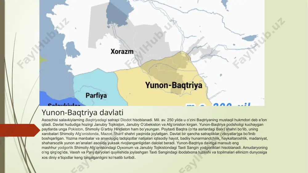 il.avv 200-180 yillar hindistonga yurish qilib, baqtriyaning hududini indus vodiysiga qadar kengaytirdi. 4. apollodotus 1 mil.avv 180-160 yillar yunon-baqtriya madaniyatining baqtriya va hindiston o‘rtasida tarqalishini davom ettirdi. 5. menander 1 mil.avv 155-130 yillar menandros hindistonda buddizmning tarqalishiga katta ta’sir ko‘rsatdi va bu davrda u buddaviy imonini qabul qilgan hukmdor sifatida ham tanilgan. 6. apollodotus 2 mil.avv 130-120 yillar enandrosdan keyin taxtga chiqqan va baqtriya hududining ichki siyosatini mustahkamlashga harakat qilgan. xulosa yunon-baqtriya davlati, miloddan avvalgi 3-asrda tashkil topib, o‘z davrida nafaqat siyosiy, balki madaniy jihatdan ham o‘zgacha ahamiyat kasb etgan. bu davlat, yunon va baqtriyaliklar o‘rtasidagi uyg‘unlashuv natijasida vujudga kelgan bo‘lib, yunon madaniyati, g‘arbiy va sharqiy o‘zgarishlarni o‘zida mujassamlashtirgan hududda yashagan xalqlar uchun o‘ziga xos bir platforma yaratdi. baqtriya, qadimgi yunonlarning sharqdagi eng muhim markazlaridan biriga aylandi, o‘zida yunon arxitekturasi, san'ati va ilm-fanini saqlab qoldi va bu madaniyatlar hindistonga qadar ta’sir ko‘rsatdi. baqtriya davlati, garchi qisqa muddat hukmronlik qilgan bo‘lsa-da, …
