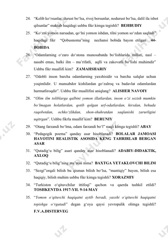o‘l” naqli kimga tegishli? abay 30. “pedagogik poema” qanday asar hisoblanadi? bolalar jamoasi hayotini realistik asosida keng tahrirlab bergan asar 31. “qutadig‘u bilig” asari qanday asar hisoblanadi? adabiy-didaktik, axloq 32. “qutadig‘u bilig”ning ma’nosi nima? baxtga yetaklovchi bilim 33. “sezgi”orqali bilish bu qisman bilish bo‘lsa, “mantiqiy” bayon, bilish esa haqiqiy, bilish muhim ushbu fikr kimga tegishli? xorazmiy 34. “turkiston o‘qituvchilar ittifoqi” qachon va qaerda tashkil etildi? toshkentda 1917-yil 9-14-may 35. “yomon o‘qituvchi haqiqatni aytib beradi, yaxshi o‘qituvchi haqiqatni topishga o‘rgatadi” degan g‘oya qaysi yevropalik olimga tegishli? f.v.a.disterveg 36. ”bilimga intilish har bir muslim va muslima uchun farzdir” iborasi kimga tegishli? m.ulug’bek 37. ”boburnoma” asari qaysi sohalar haqida qimmatli ma’lumotlar bayon etilgan? tarix, adabiyotshunoslik, tabiat 38. «...har ishning bir sababi bordir. ammo qashshoqlikning sababi isrofdir. isrof faqat molni sarf qilishgagina emas, ovqatda, kishining qiziqishlari, nutqida ham isrof bo‘ladi, isrof tanni aldaydi, nafsni ranjitadi, aqlni qochiradi va tirikni o‘ldiradi».ushbu fikrlar qaysi asarga taalluqli? …