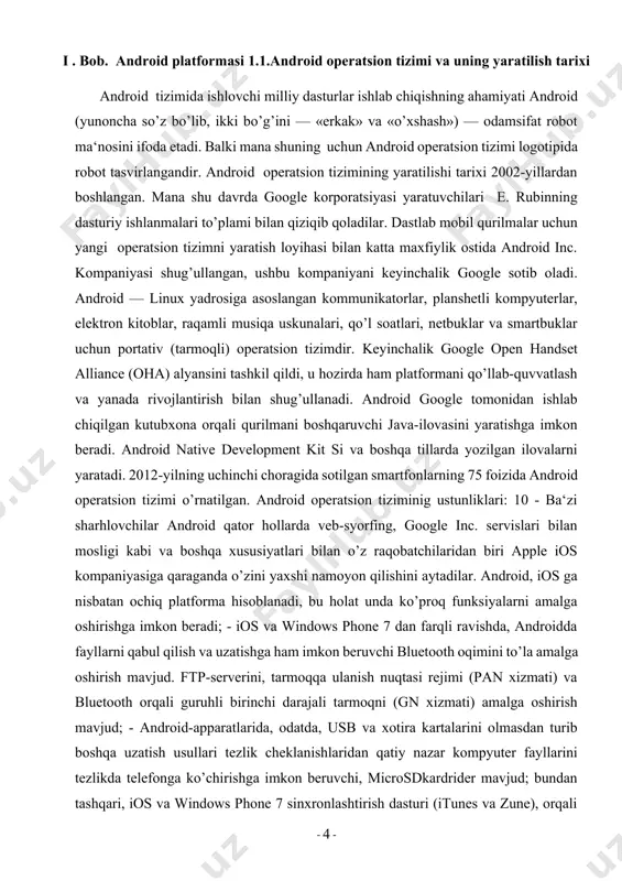 blanadi, bu holat unda ko’proq funksiyalarni amalga oshirishga imkon beradi; - ios va windows phone 7 dan farqli ravishda, androidda fayllarni qabul qilish va uzatishga ham imkon beruvchi bluetooth oqimini to’la amalga oshirish mavjud. ftp-serverini, tarmoqqa ulanish nuqtasi rejimi (pan xizmati) va bluetooth orqali guruhli birinchi darajali tarmoqni (gn xizmati) amalga oshirish mavjud; - android-apparatlarida, odatda, usb va xotira kartalarini olmasdan turib boshqa uzatish usullari tezlik cheklanishlaridan qatiy nazar kompyuter fayllarini tezlikda telefonga ko’chirishga imkon beruvchi, microsdkardrider mavjud; bundan tashqari, ios va windows phone 7 sinxronlashtirish dasturi (itunes va zune), orqali amalga oshirishdan tashqari, biror-bir fayllarni telefonga/telefondan to’g’ridan-to’g’ri uzatish mumkin emas, android operatsion tizimidagi telefonlar esa xotira kartasi fayllar tizimini usb mass storage device («fleshka») kabi uzatish imkoniga ega; - аvvaldan dasturni «tekshirilmagan manbalardan» (misol uchun, xotira kartasidan) o’rnatish taqiqlanishiga qaramay, ushbu cheklash apparat sozlashlarida doimiy vositalar yordamida o’chiriladi, bu holat esa internet-ulanishlarsiz dasturlarni telefonlar va planshetlarga o’rnatishga imkon beradi …